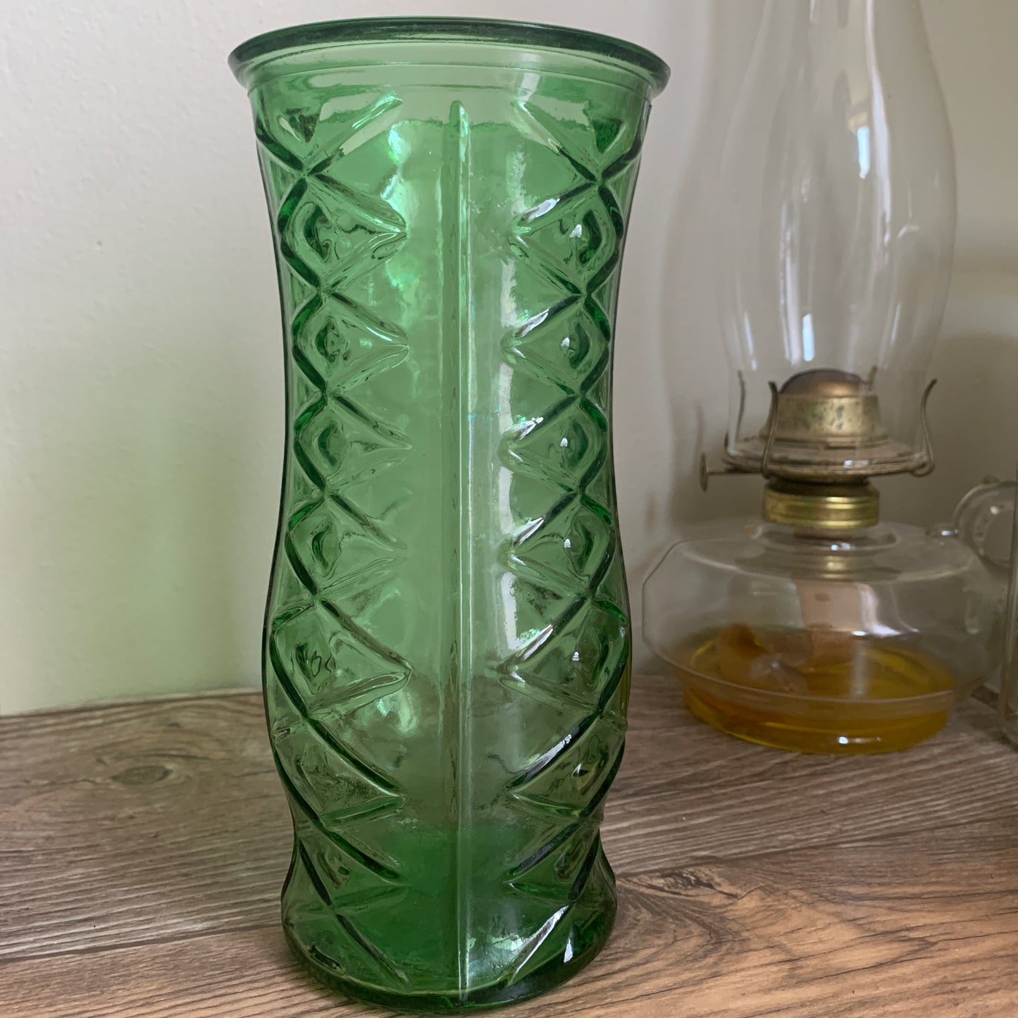 Tall Green Glass Vase with Stacked Diamond Pattern
