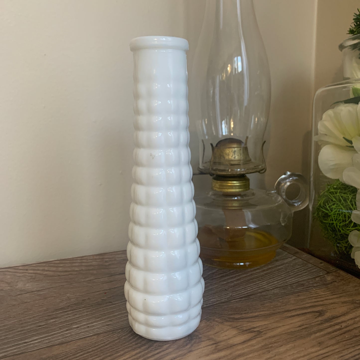 Milk Glass Bud Vase with Raised Waffle Pattern