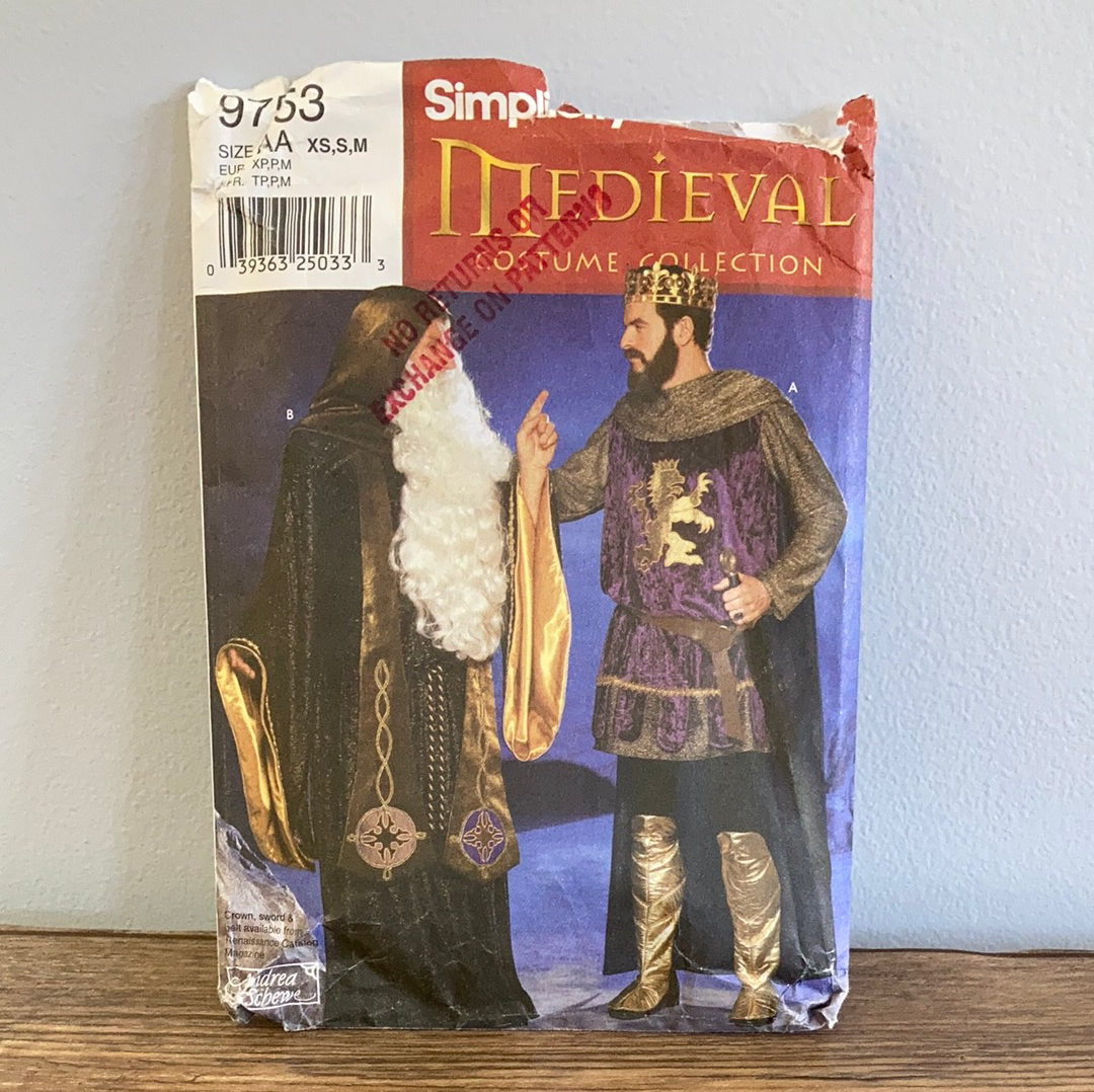 Mens Medieval Knight King or Wizard Costume Pieces Sewing Pattern Size XS to M Simplicity 9753
