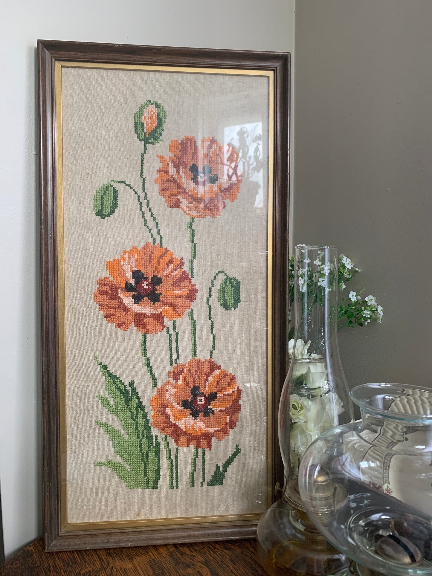 Vintage Framed Cross Stitch Poppy Wall Art Vintage Needlework Vintage Home Decor