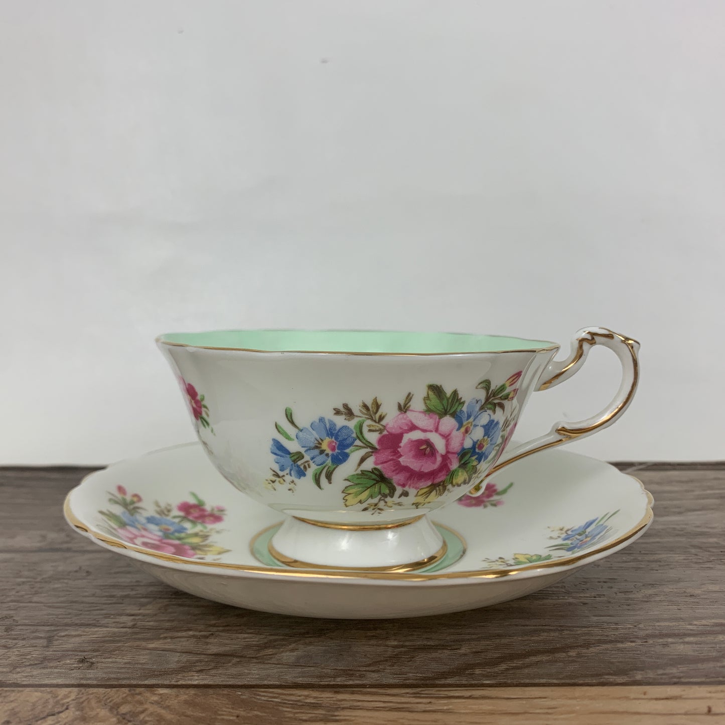 White and Mint Green Double Warrant English Tea Cup Vintage Paragon Teacup,