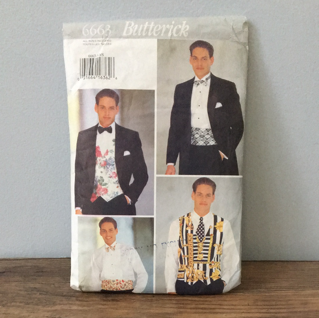 Mens Formal Vest Cummerbund Tie and Bow Tie Sewing pattern Size S-XL Butterick 6663