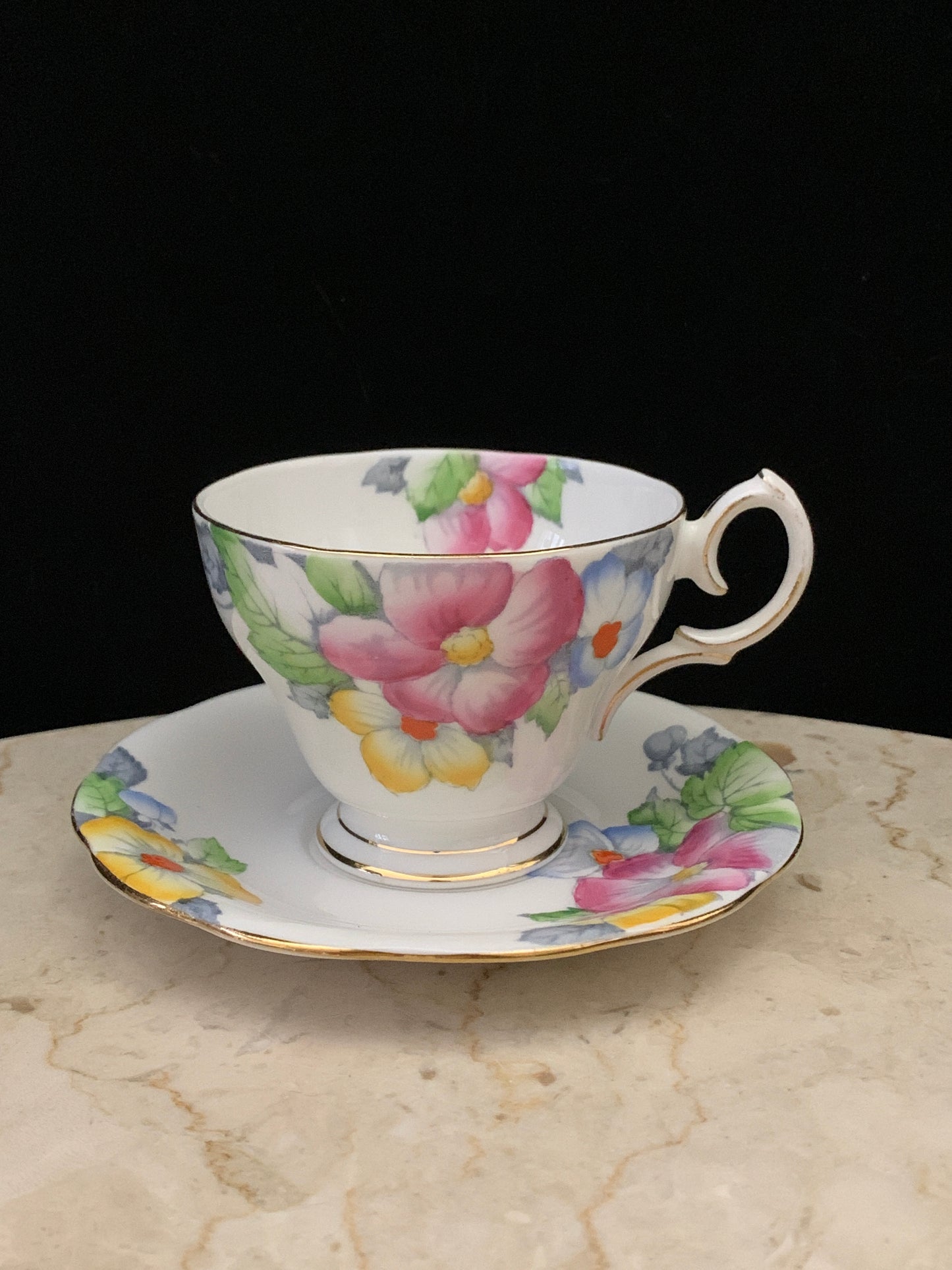 Hand Painted Blue, Pink, and Yellow Floral Tea Cup Bell China Vintage Teacup and Saucer