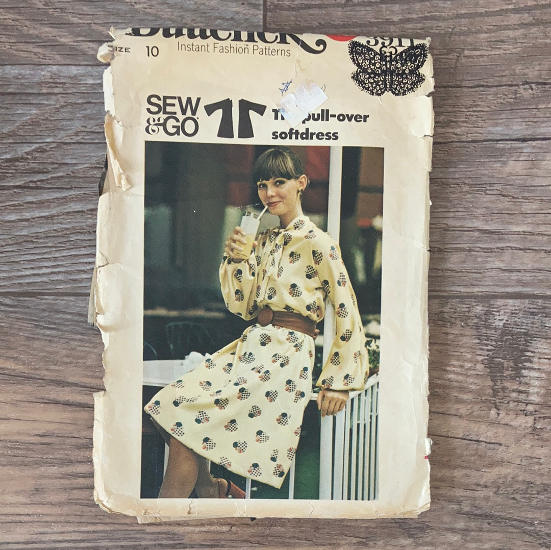 Ladies Long Sleeve Dress Vintage Sewing Pattern Size 10 Butterick 3911