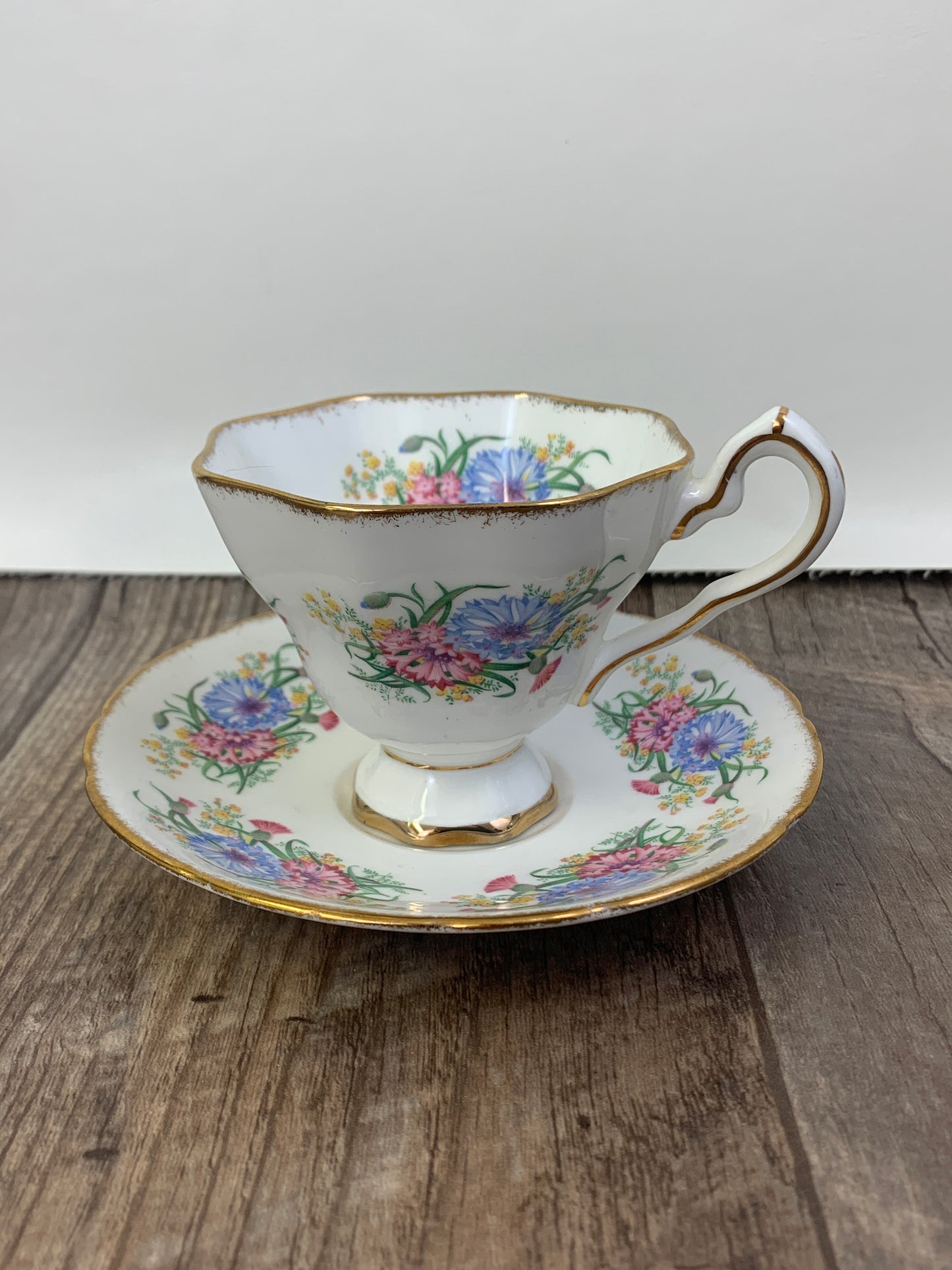 Pink and Blue Thistles Stafford Floral Tea Cup Vintage Teacup with Pink and Blue Floral Pattern