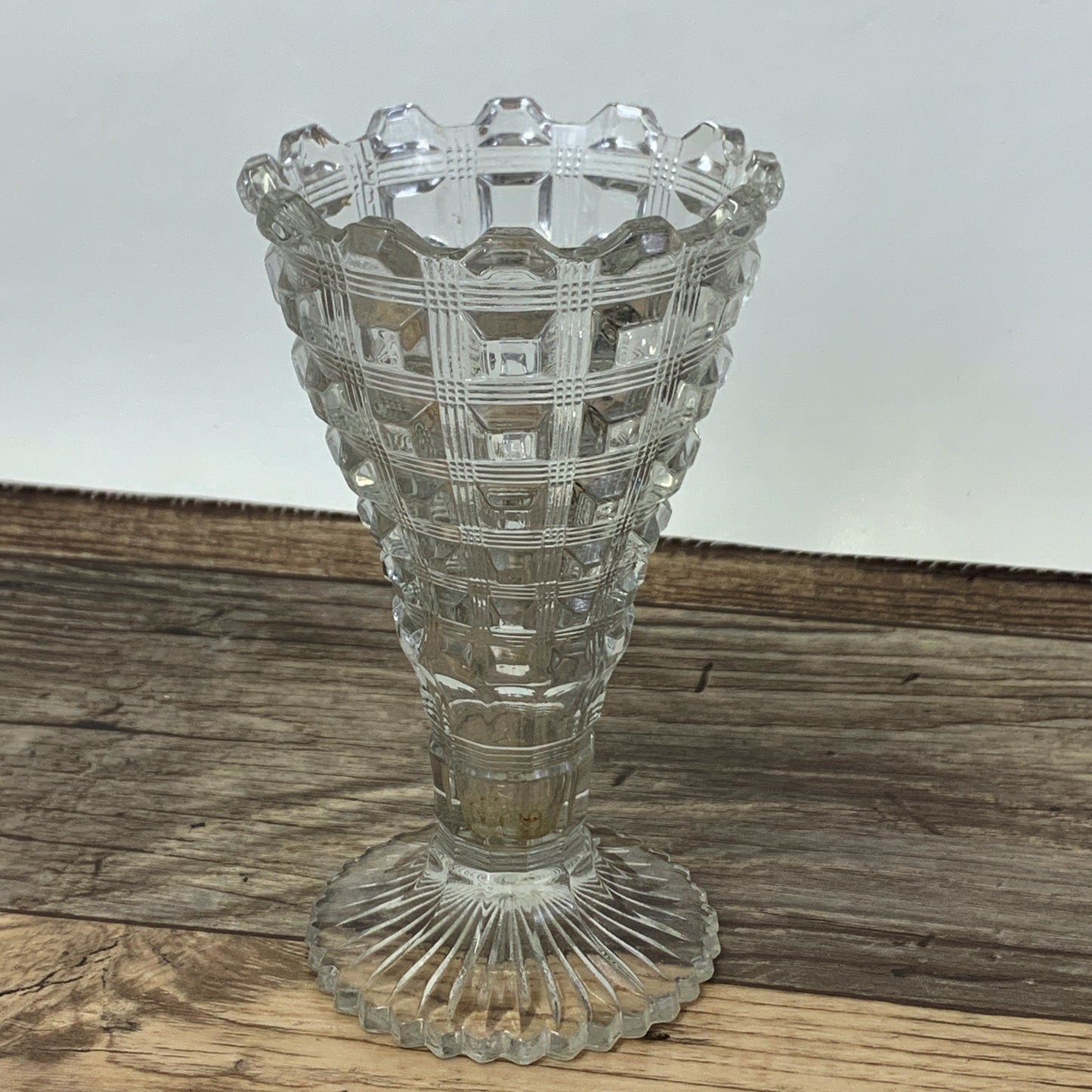 Antique Glass Vase with Square Pattern. Clear Pressed Glass Vase EAPG