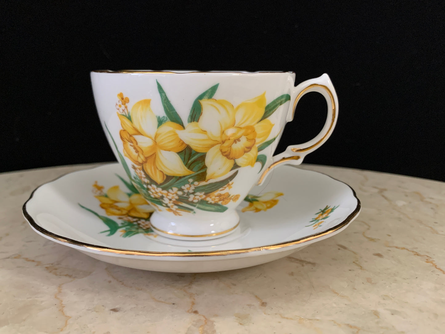 White Tea Cup with Daffodil Bouquet Vintage Floral Teacup