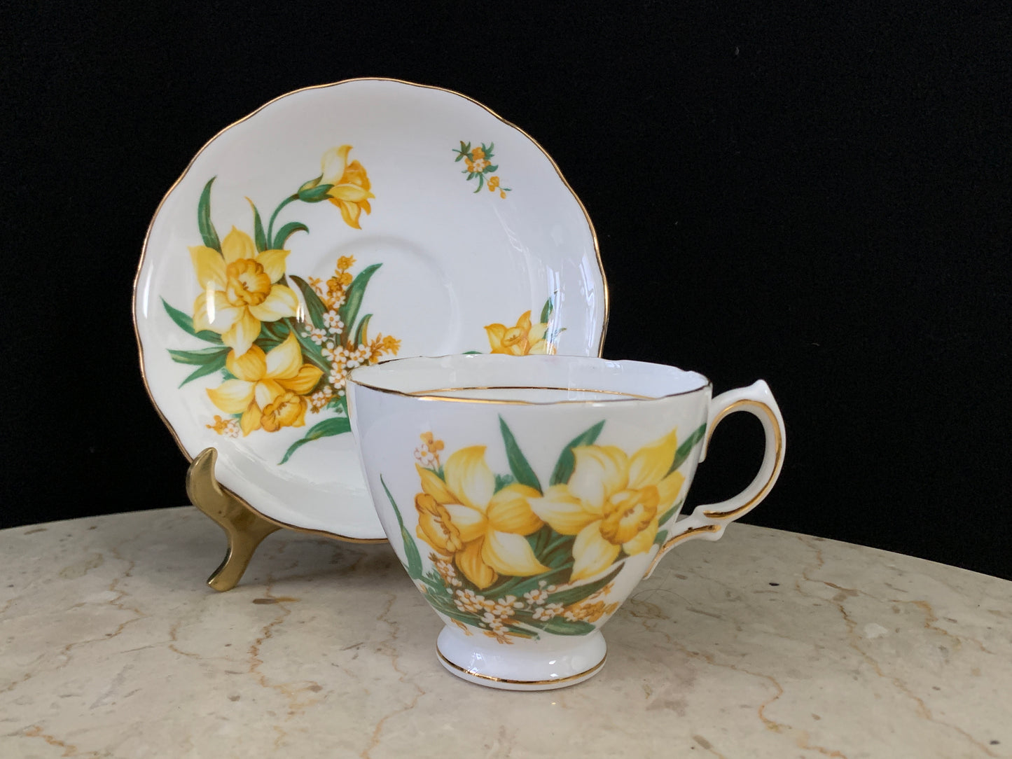 White Tea Cup with Daffodil Bouquet Vintage Floral Teacup