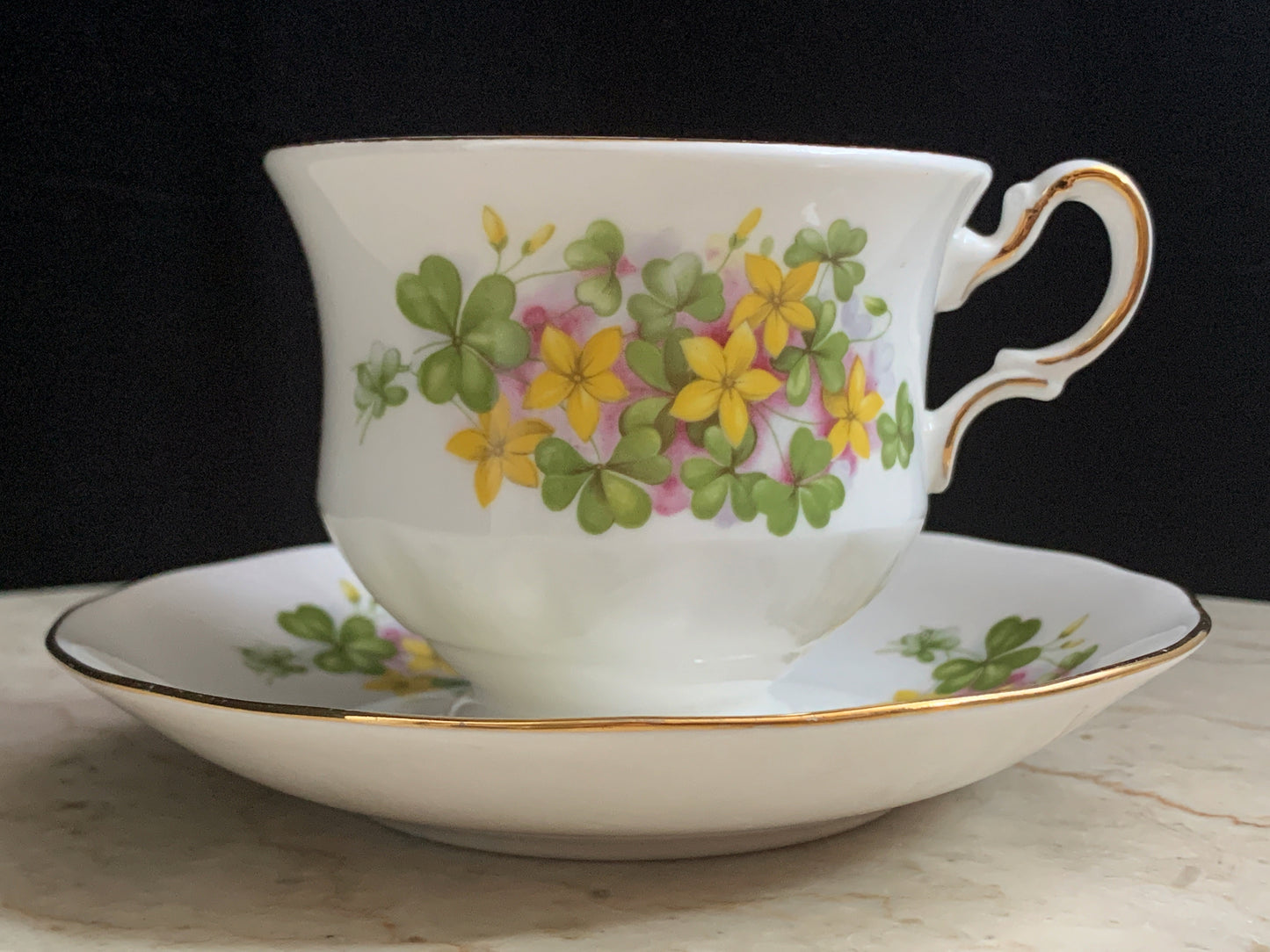 Vintage Teacup with Green Shamrocks and Yellow Flowers