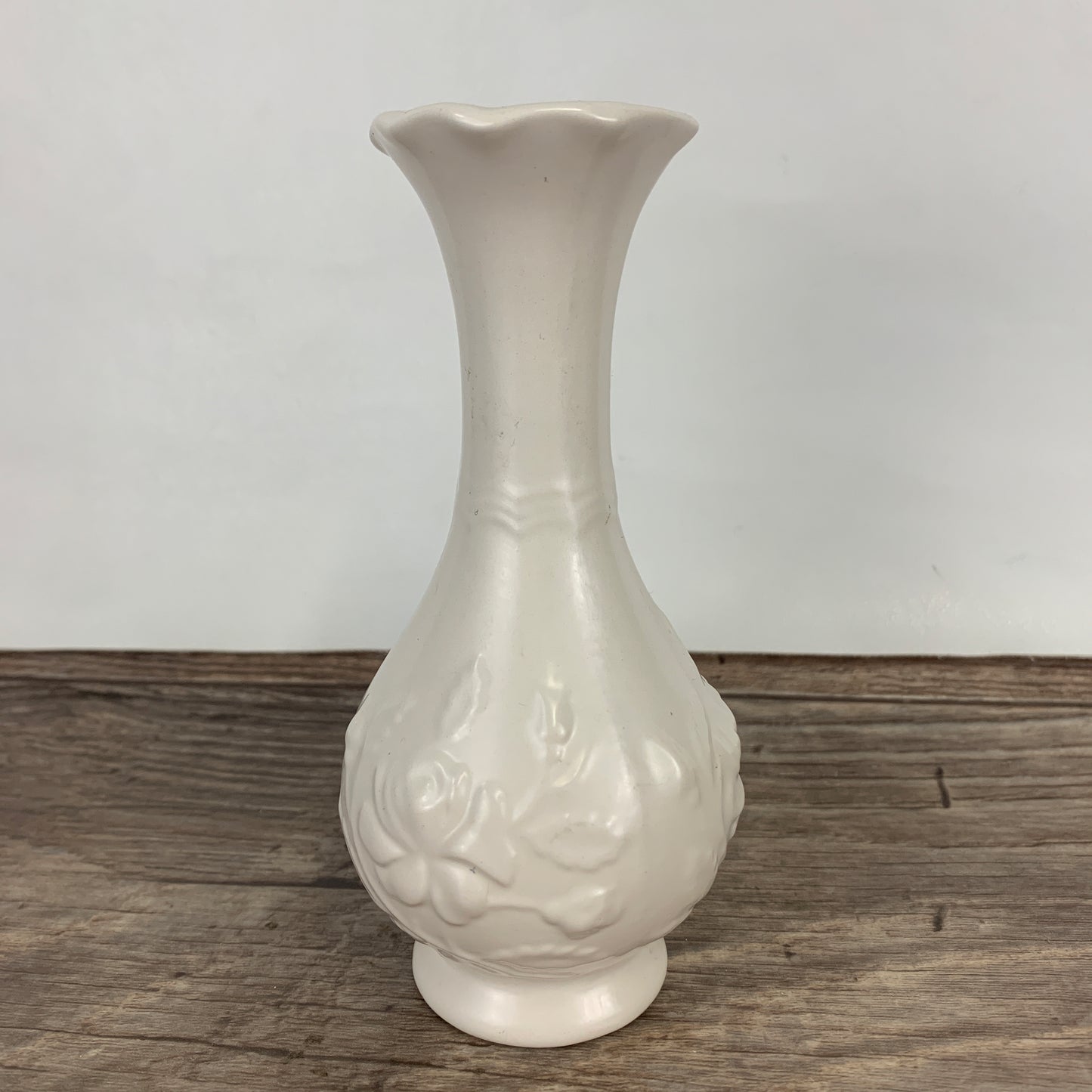 White Ceramic Vase with Raised Floral Pattern, Small White Bud Vase