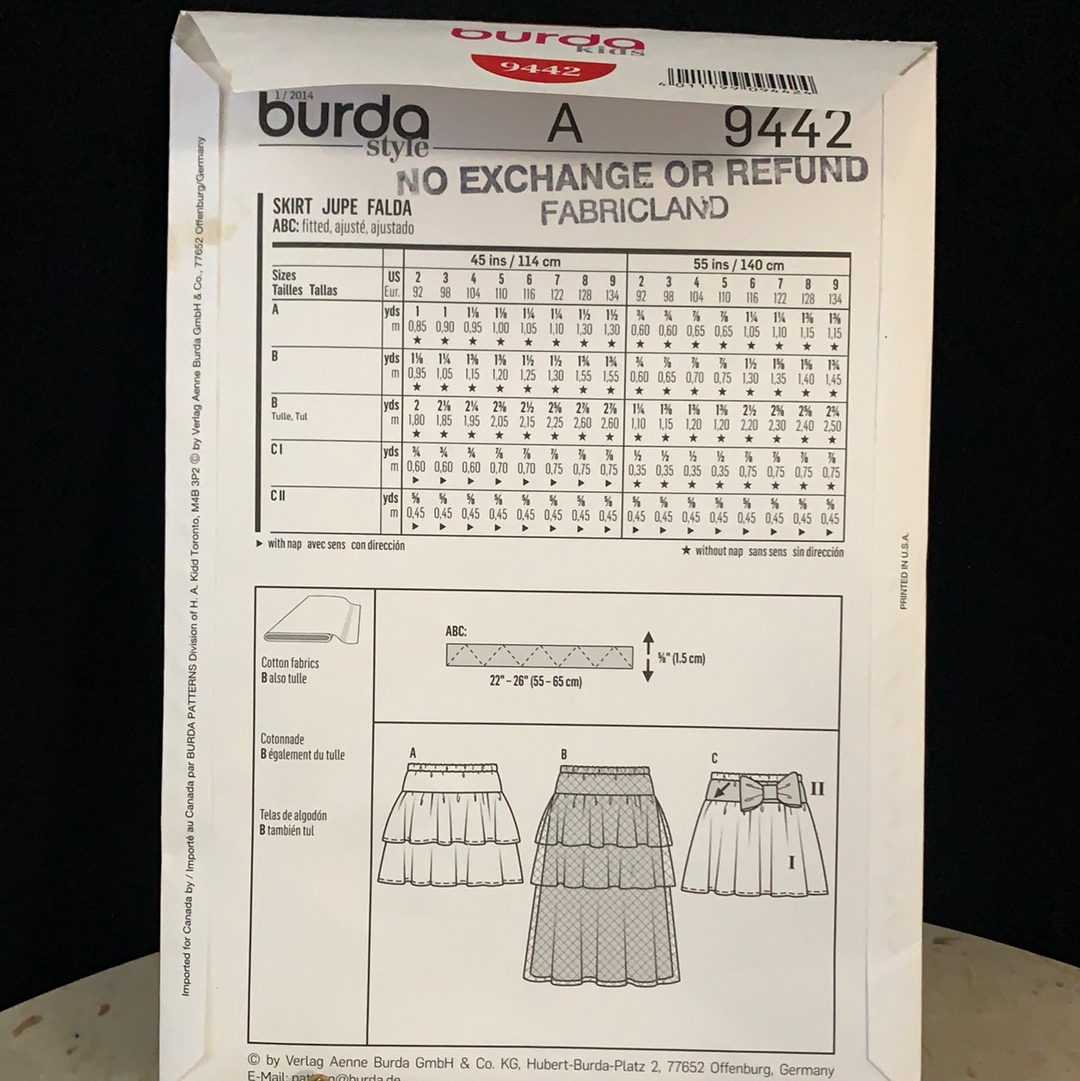 3 in 1 Kids Skirt Sewing Pattern Burda 9442 Tiered Skirt, Full Skirt, Ankle Length Skirt Pattern