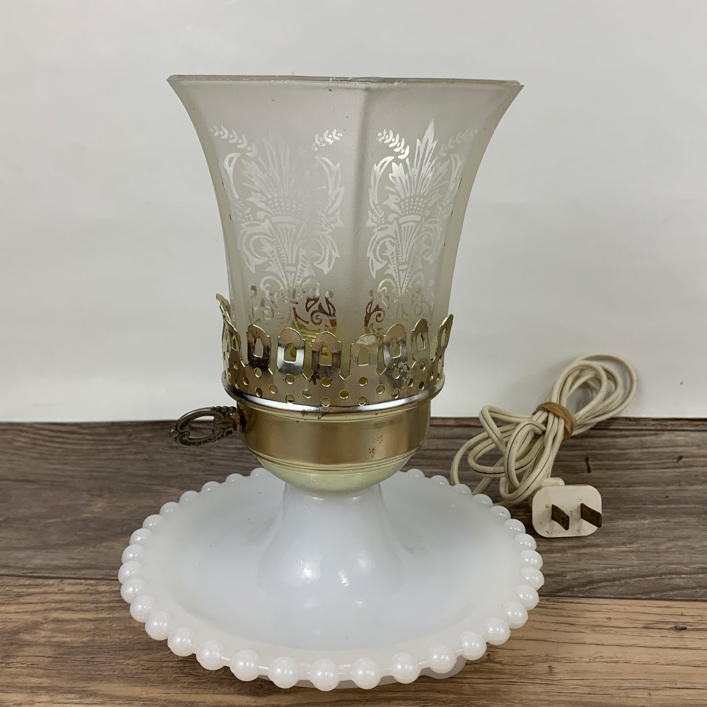Vintage Accent Lamp Milk Glass Base with Beaded Edge and Frosted Shade Lamp