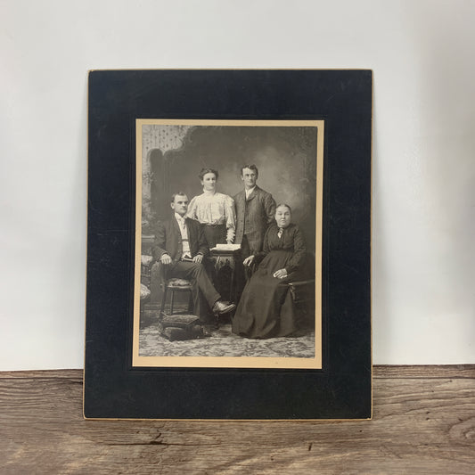 Antique Family Portrait, Matted on Cardboard, Large Black and White Victorian Photo