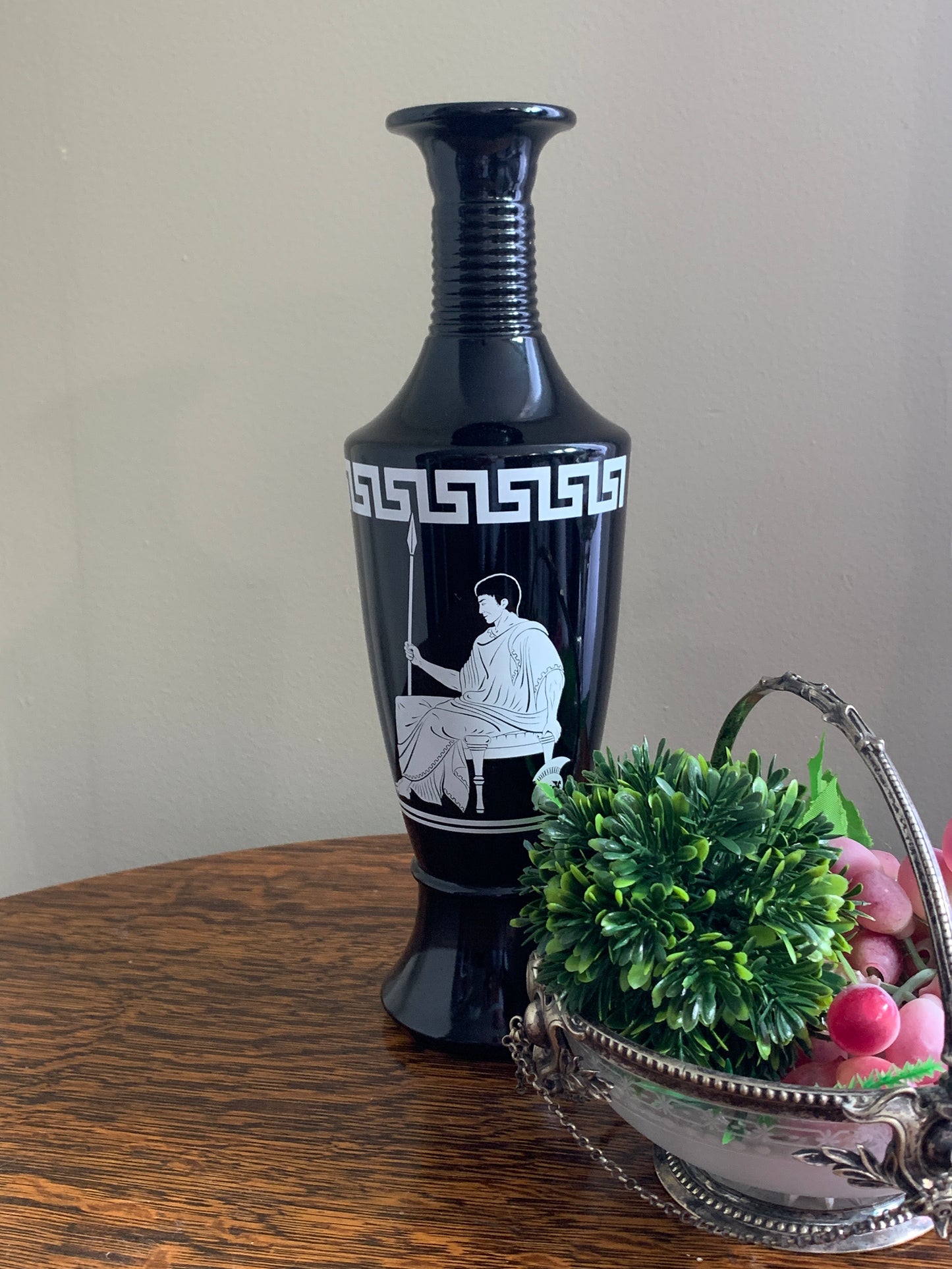 Vintage Black Milk Glass Bottle with Roman Appliqué