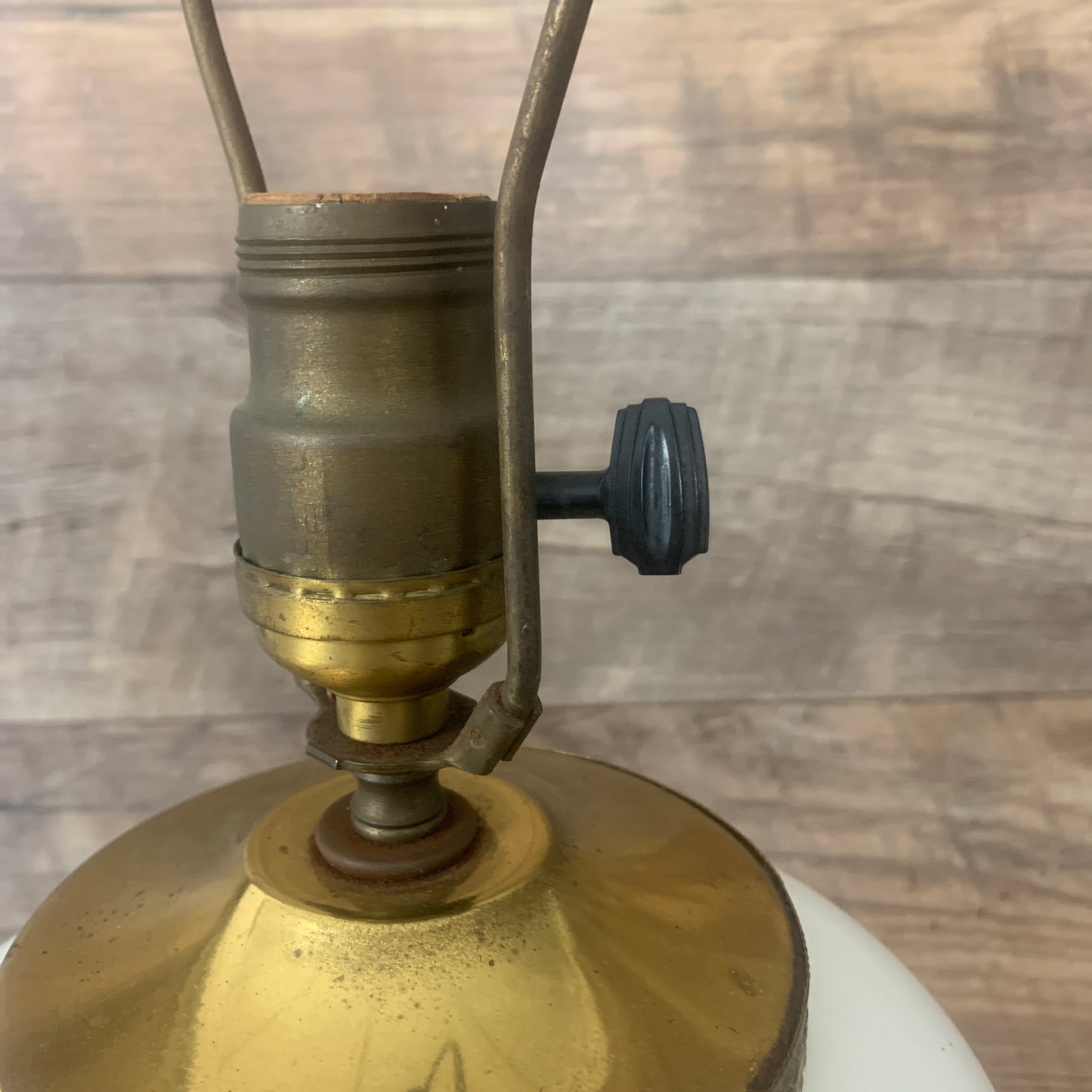 Mid Century Milk Glass Lamp, Retro Brass and White Table Lamp, Bulbous Shape