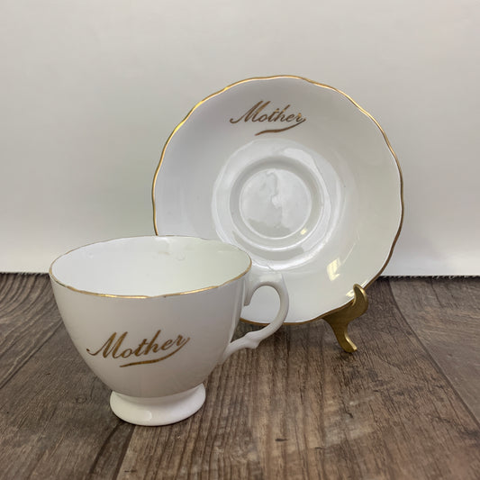 Vintage White Teacup and Saucer Mother Gold Script Vintage Colclough Tea Cup