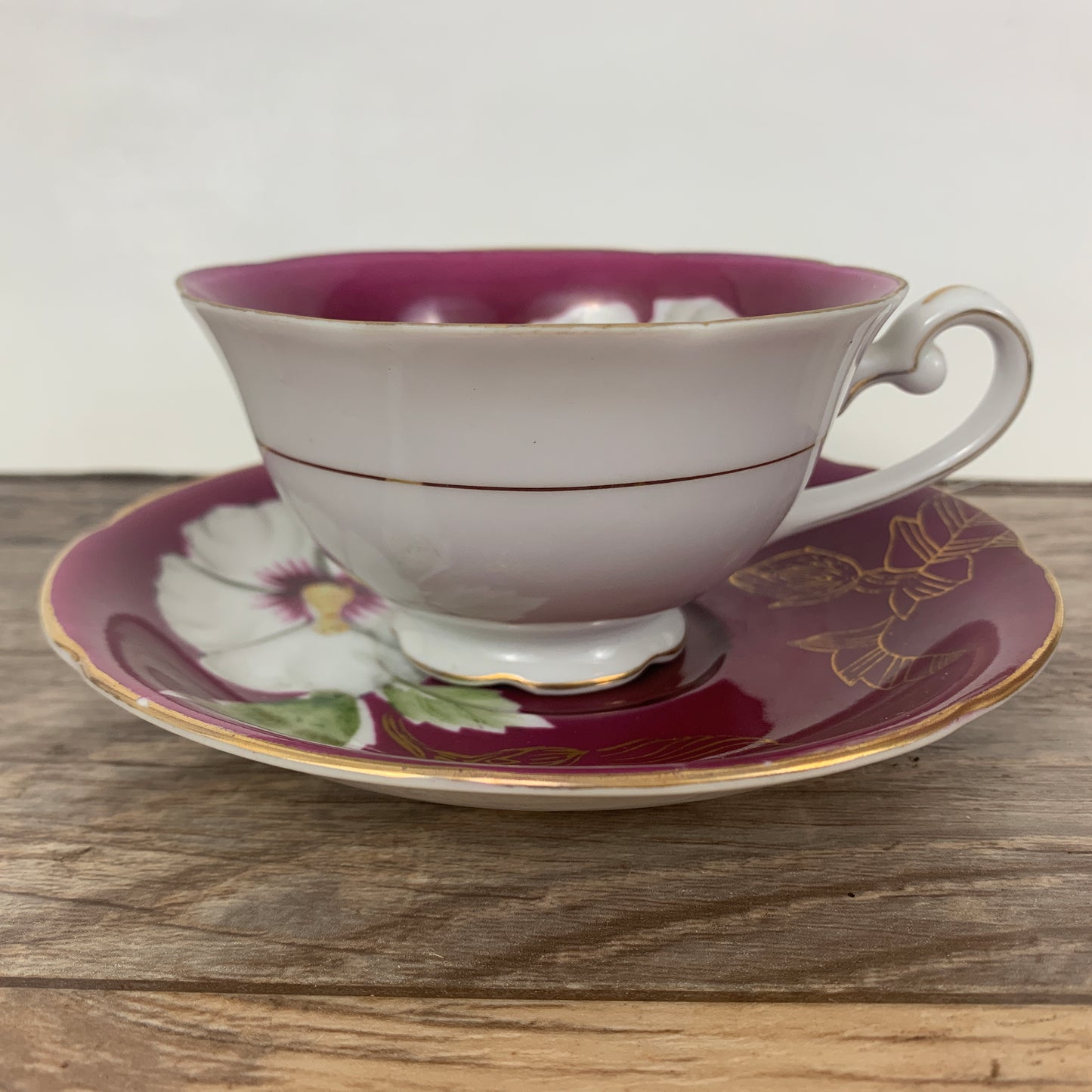 Maroon Teacup and Saucer with Hand Painted Flower Occupied Japan Teacup and Saucer