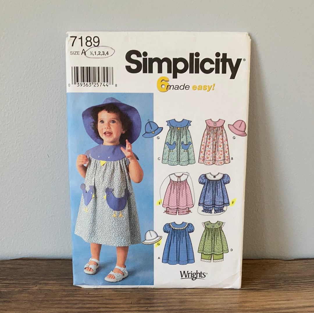 Toddler Girls Summer Dress Bloomers Hat Sewing Pattern Size Half to 4 Simplicity 7189