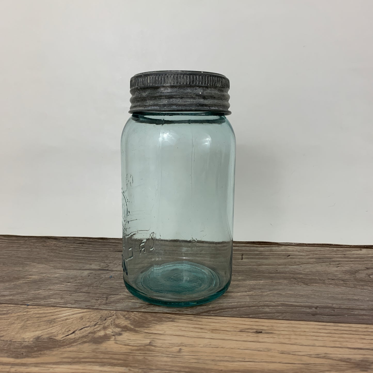 Aqua Crown Quart Size Jar 7" tall with Zinc Ring, Dry Storage, Stash Jar, Antique Farmhouse