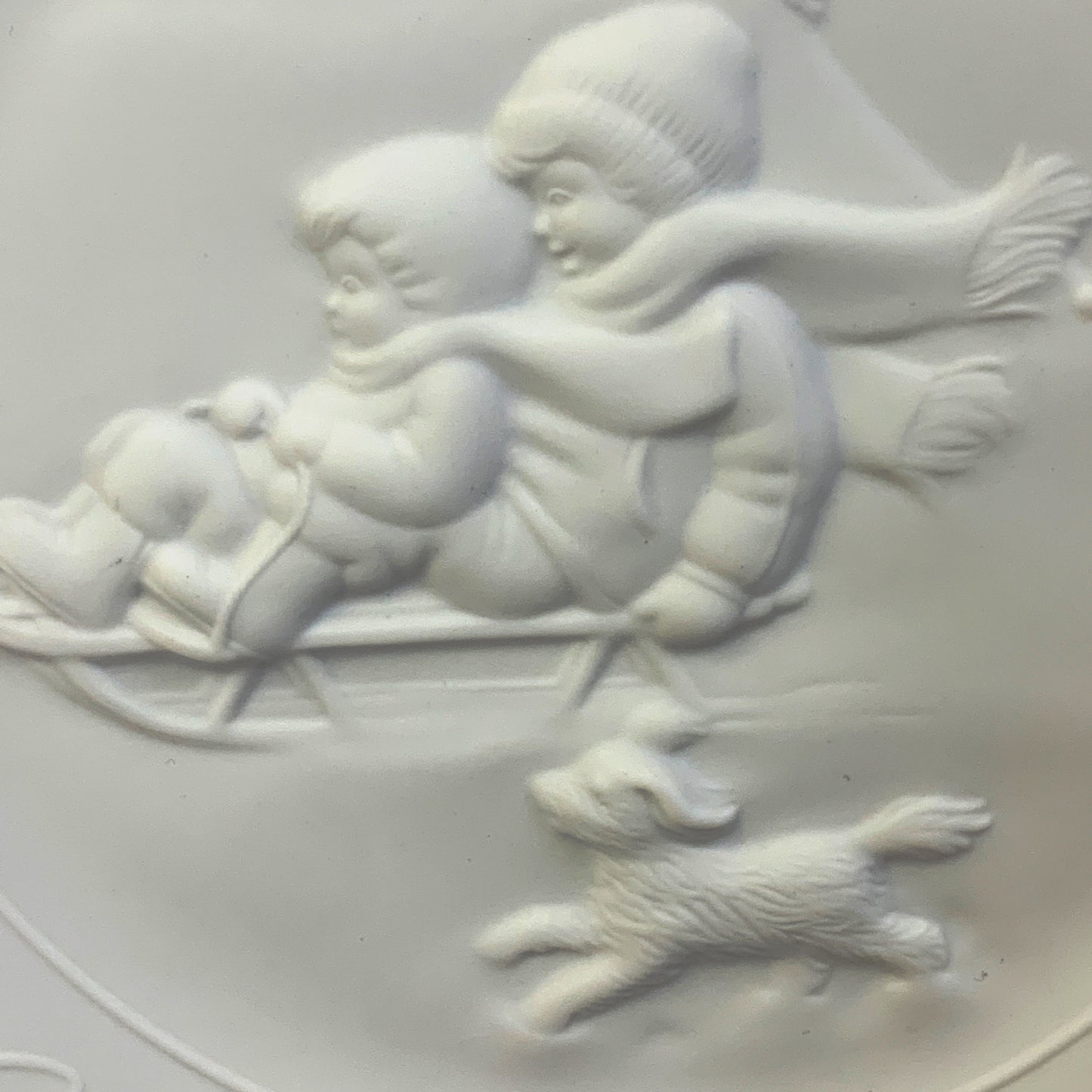 Bisque Avon Christmas Collector Plate 1985, 3D Design Children Sledding, Vintage Avon Christmas Decoration