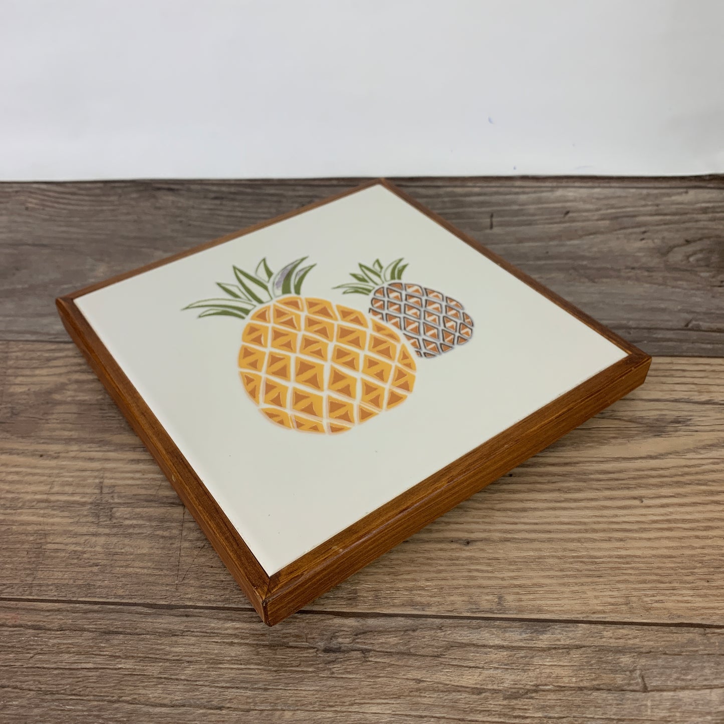 Vintage Ceramic Tile Trivet with Pineapples, Wood Frame Hot Plate