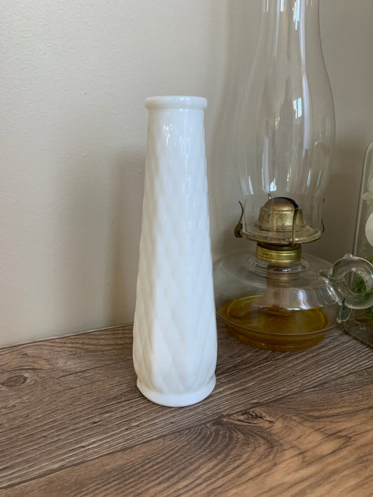 White Milk Glass Vintage Vase with Diamond Waffle Pattern Vintage Farmhouse Decor Housewarming Gifts