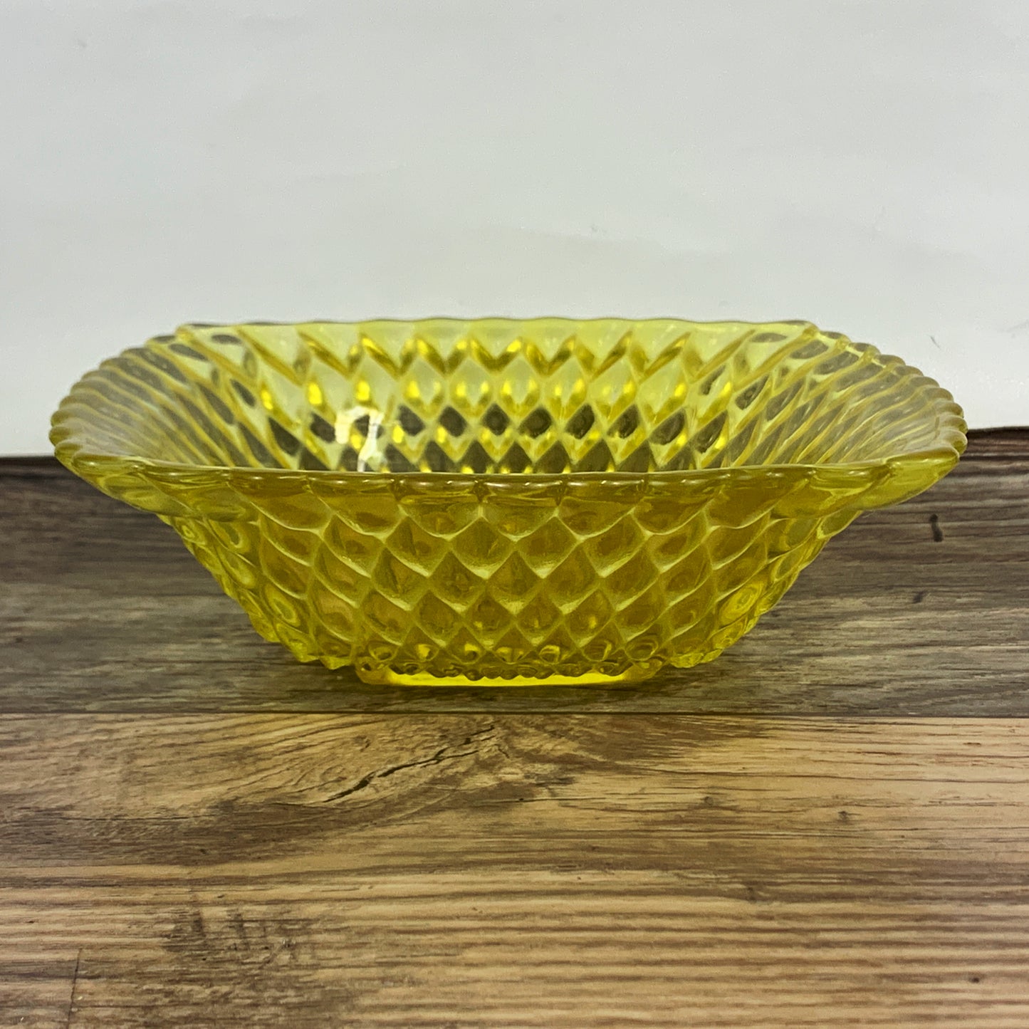 Vintage Anchor Hocking Yellow Glass Dish with Diamond Pattern, Small Square Pressed Glass Bowl