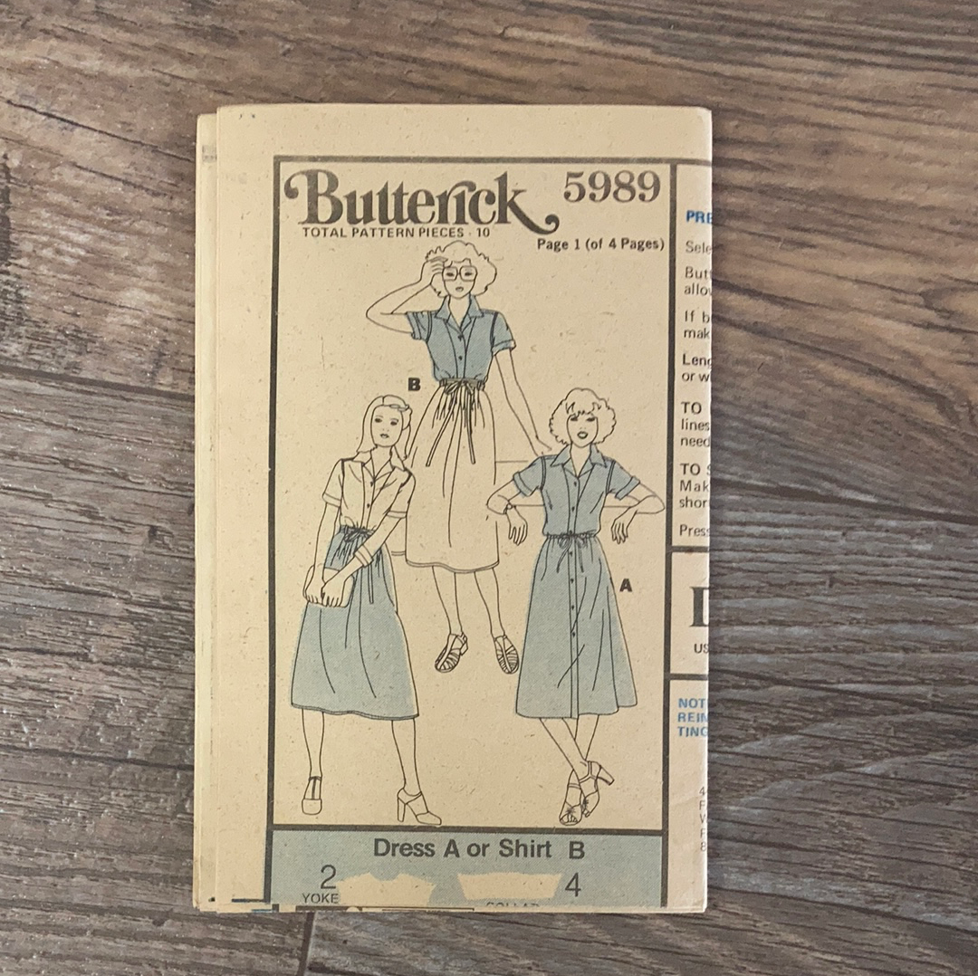 Misses Button Front Dress or Shirt Vintage Sewing Pattern Size 10 Butterick 5988 - Shirt and Dress only