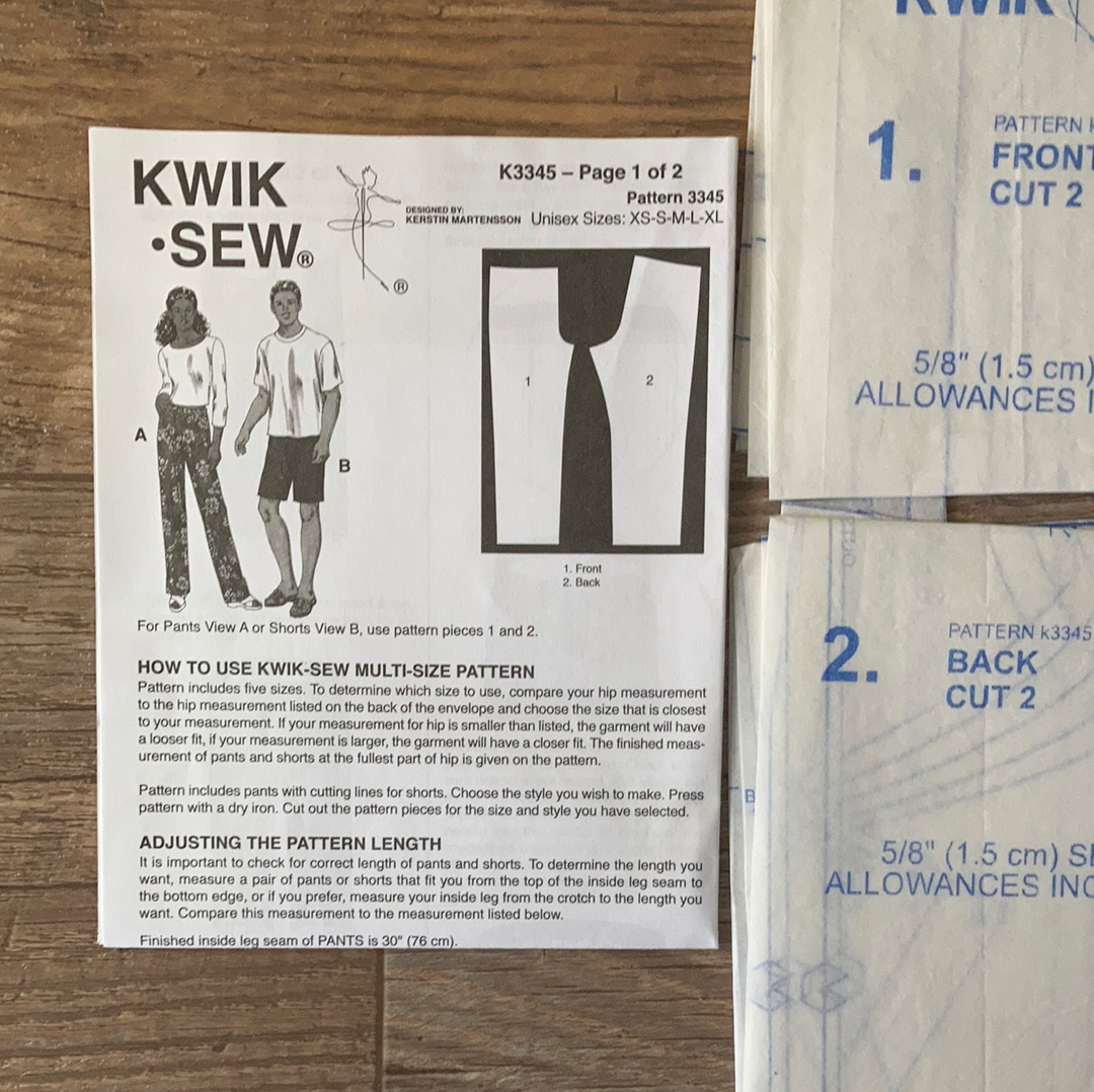 Unisex Adult Shorts and Pants Sewing Pattern Kwik Sew XS to XL 3345