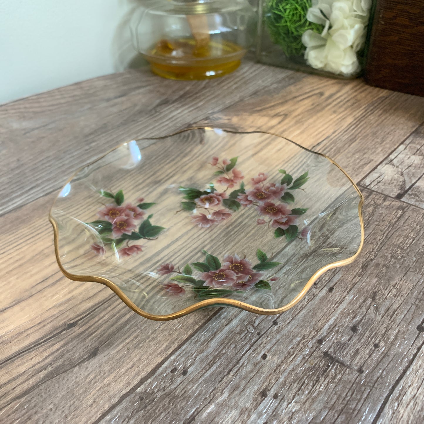 Pink Floral Dresser Dish, Small Plate with Ruffled Edge,