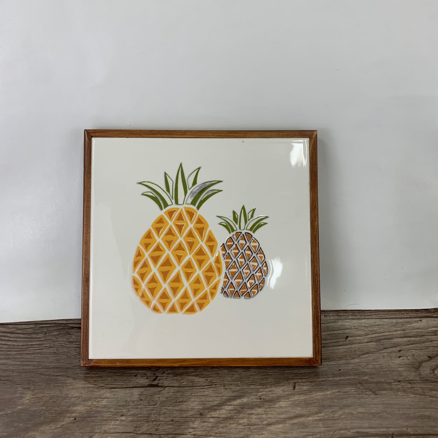 Vintage Ceramic Tile Trivet with Pineapples, Wood Frame Hot Plate