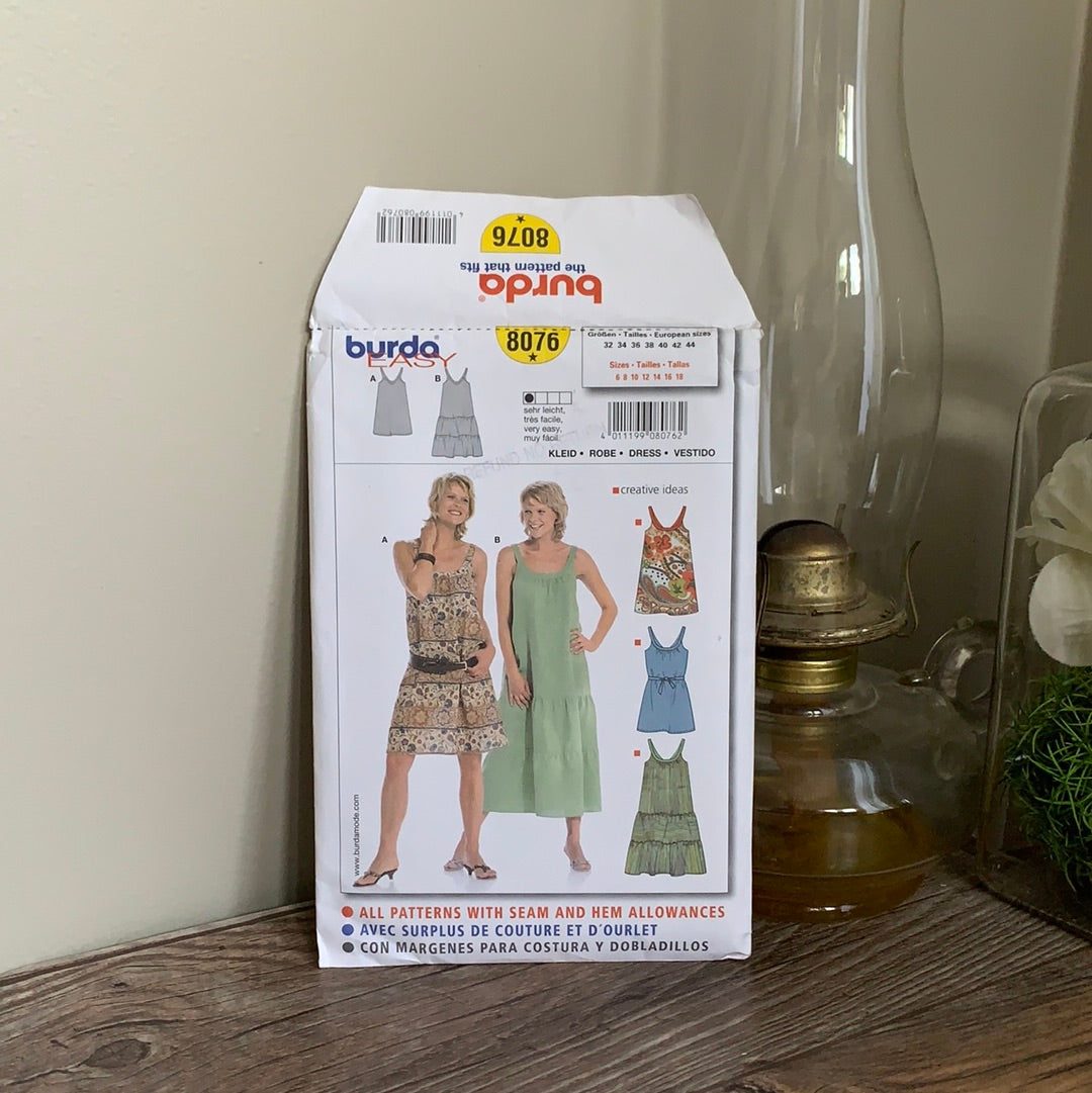 Loose Fitting Scoop Neck Dress Sewing Pattern Size 6 to 18 Burda 8076 Sleeveless Dress in 3 Styles