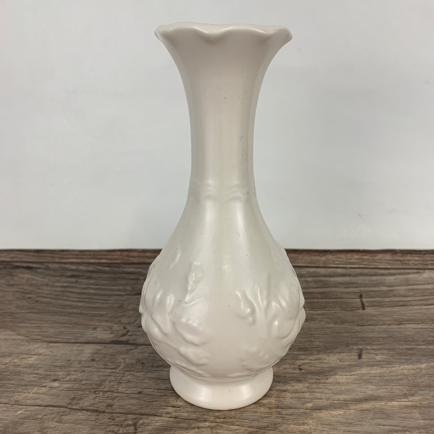 White Ceramic Vase with Raised Floral Pattern, Small White Bud Vase