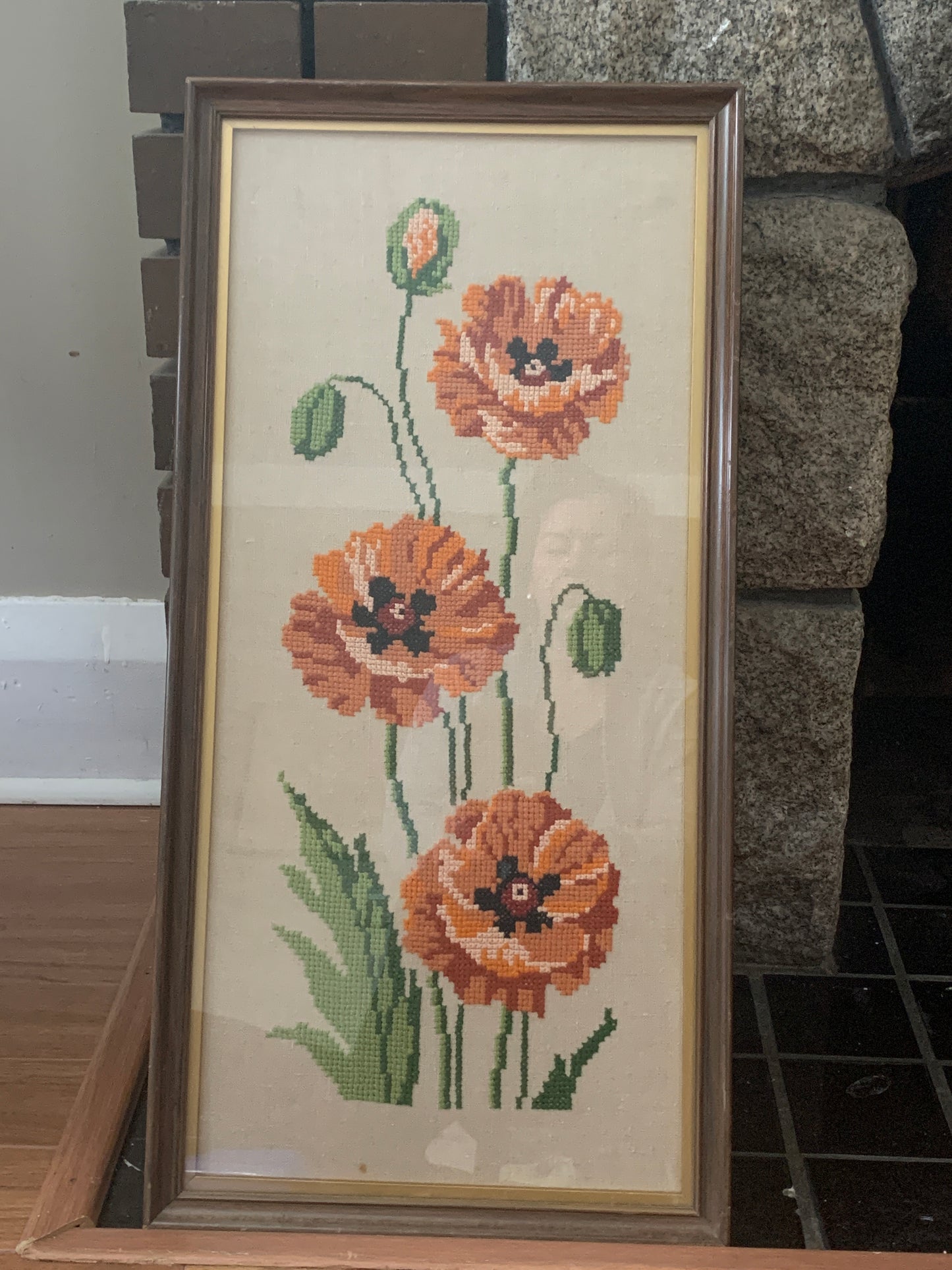 Vintage Framed Cross Stitch Poppy Wall Art Vintage Needlework Vintage Home Decor