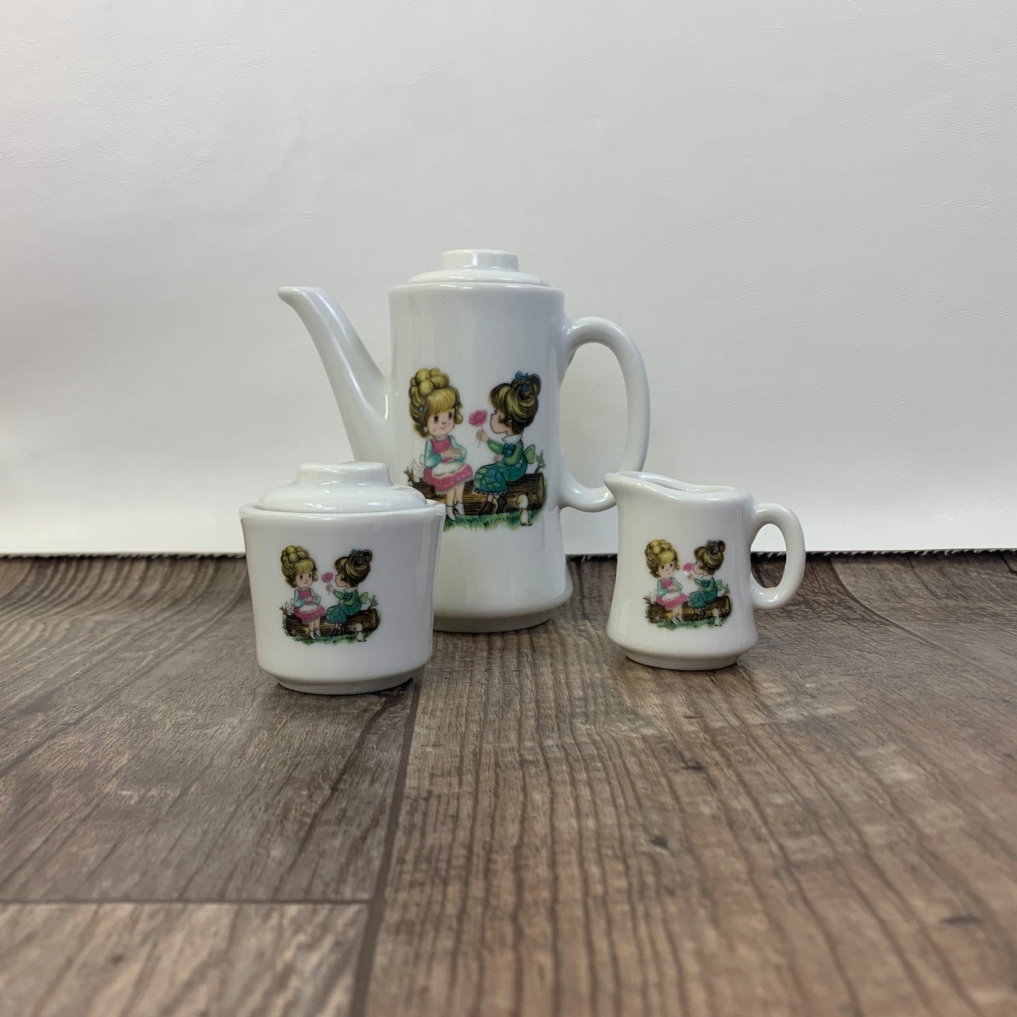 Child Size Teapot and Cream and Sugar with Two Little Girls, Mini Coffee Pot with Decal Small Ceramic Teapot Made in Japan