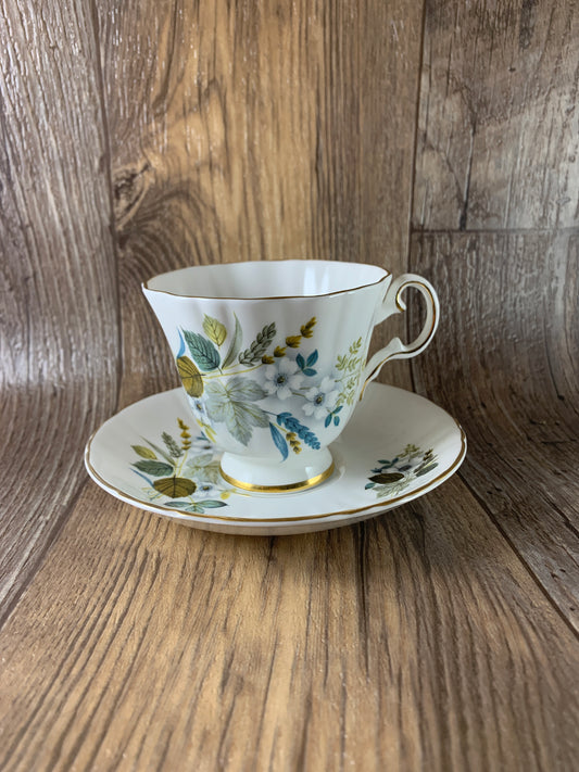 Vintage Teacup Royal Grafton Blue Grey and Yellow Floral Teacup and Saucer