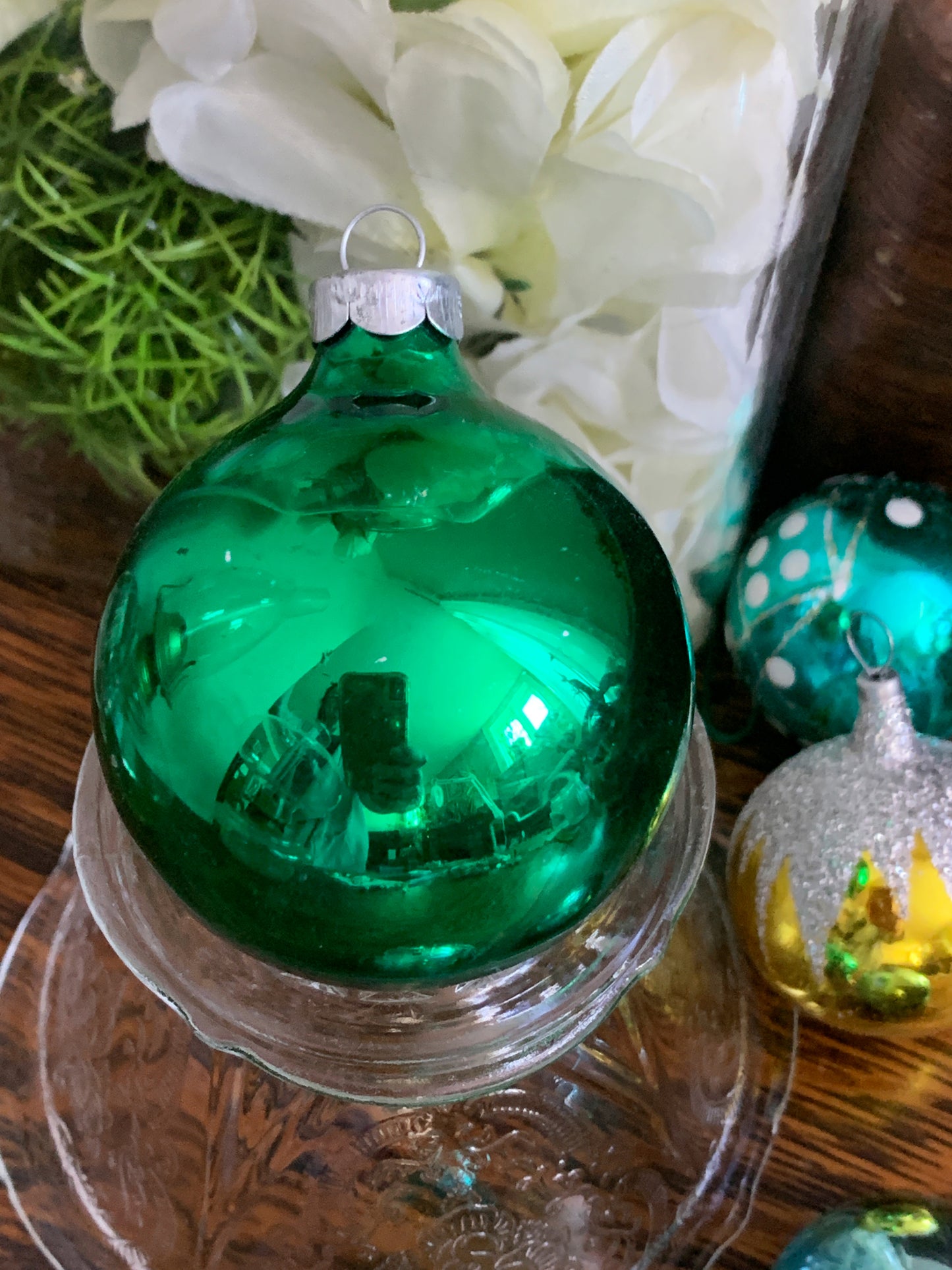 Set of 5 Vintage Blown Glass Ornaments Blue Green Yellow Mixed Ornaments
