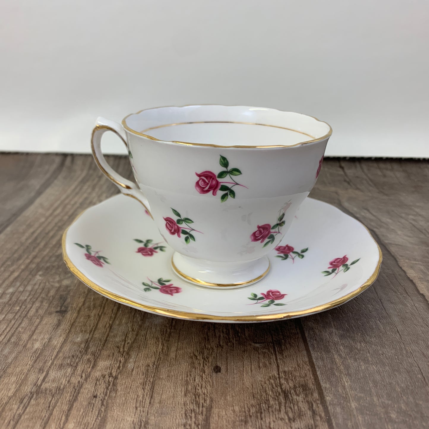 White Teacup with Tiny Pink Roses Vintage Tea Cup and Saucer Set