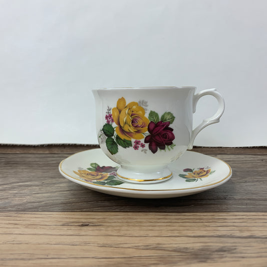 Yellow and Red Floral Pattern Vintage Teacup Sadler Wellington Fine Bone China Teacup with Tea Roses