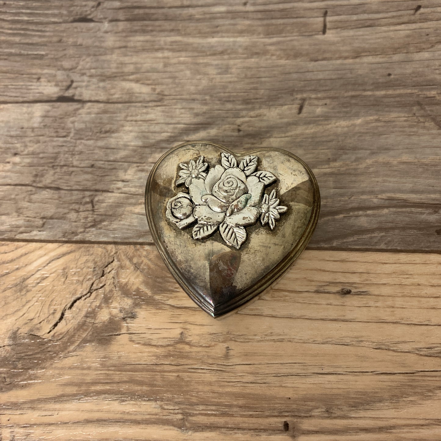 Small Silver Plated Heart Shaped Jewelry Box with 3D Flower