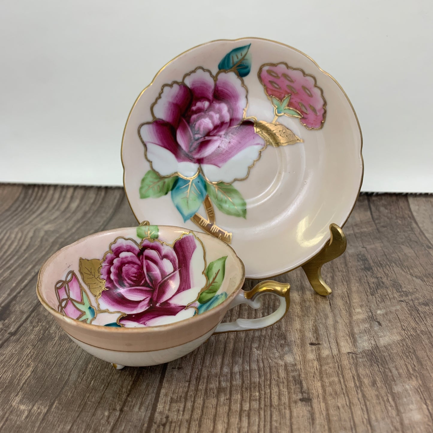 Trimont China Hand Painted Demi Tasse Cup Hand Painted Teacup and Saucer Hand Painted Pink Teacup