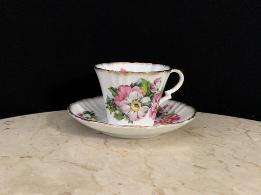 Pink and White Flower Tea Cup and Saucer with Scalloped Edge Royal Standard