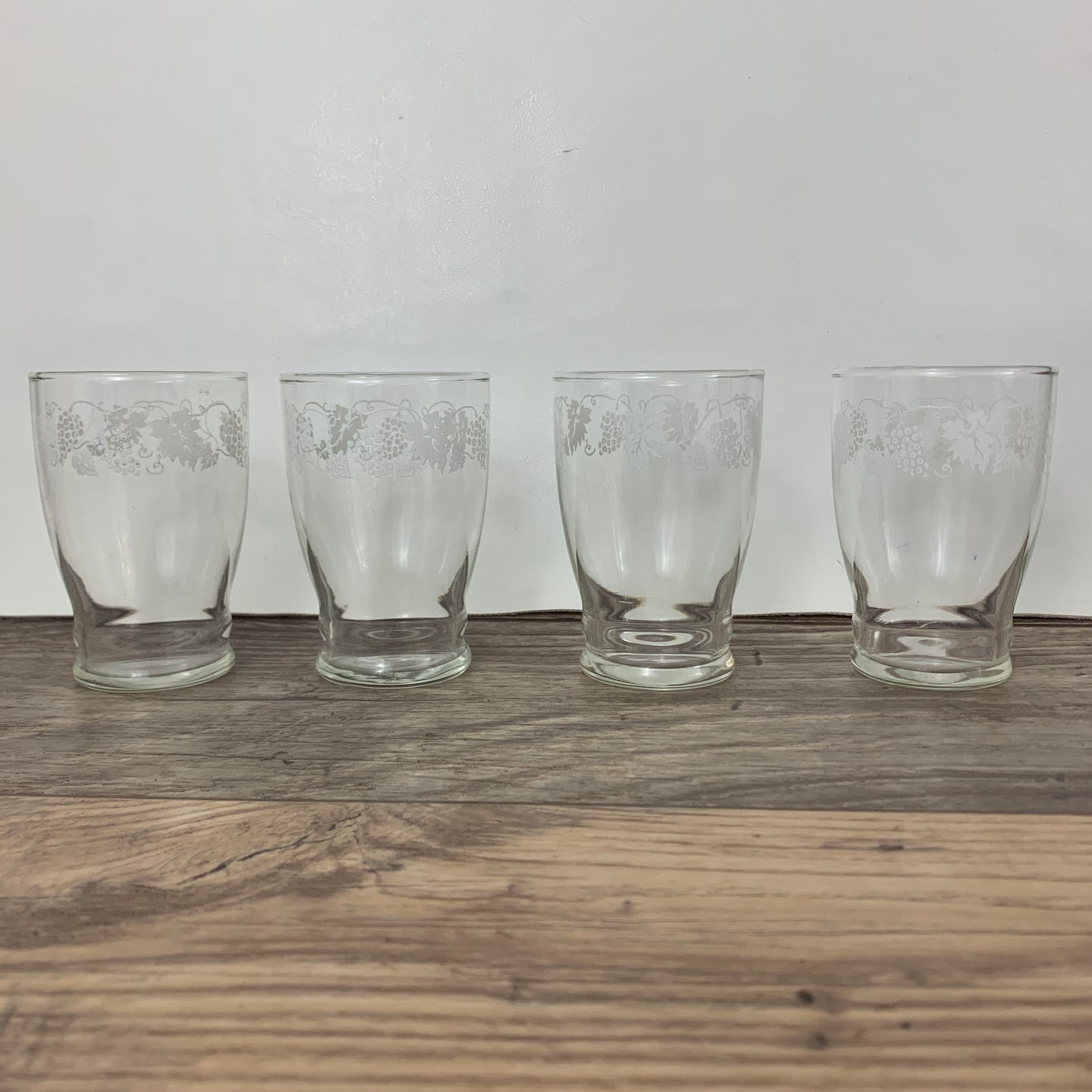 Small Vintage Juice Glasses with White Grapevine Border