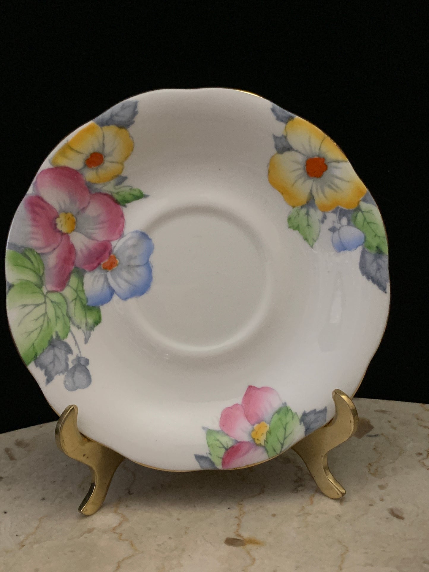 Hand Painted Blue, Pink, and Yellow Floral Tea Cup Bell China Vintage Teacup and Saucer
