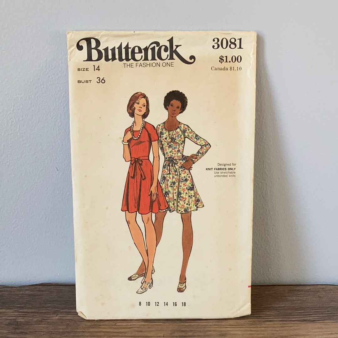 Misses Above Knee Dress Short or Long Sleeves Sewing Pattern Size 14 Butterick 3081