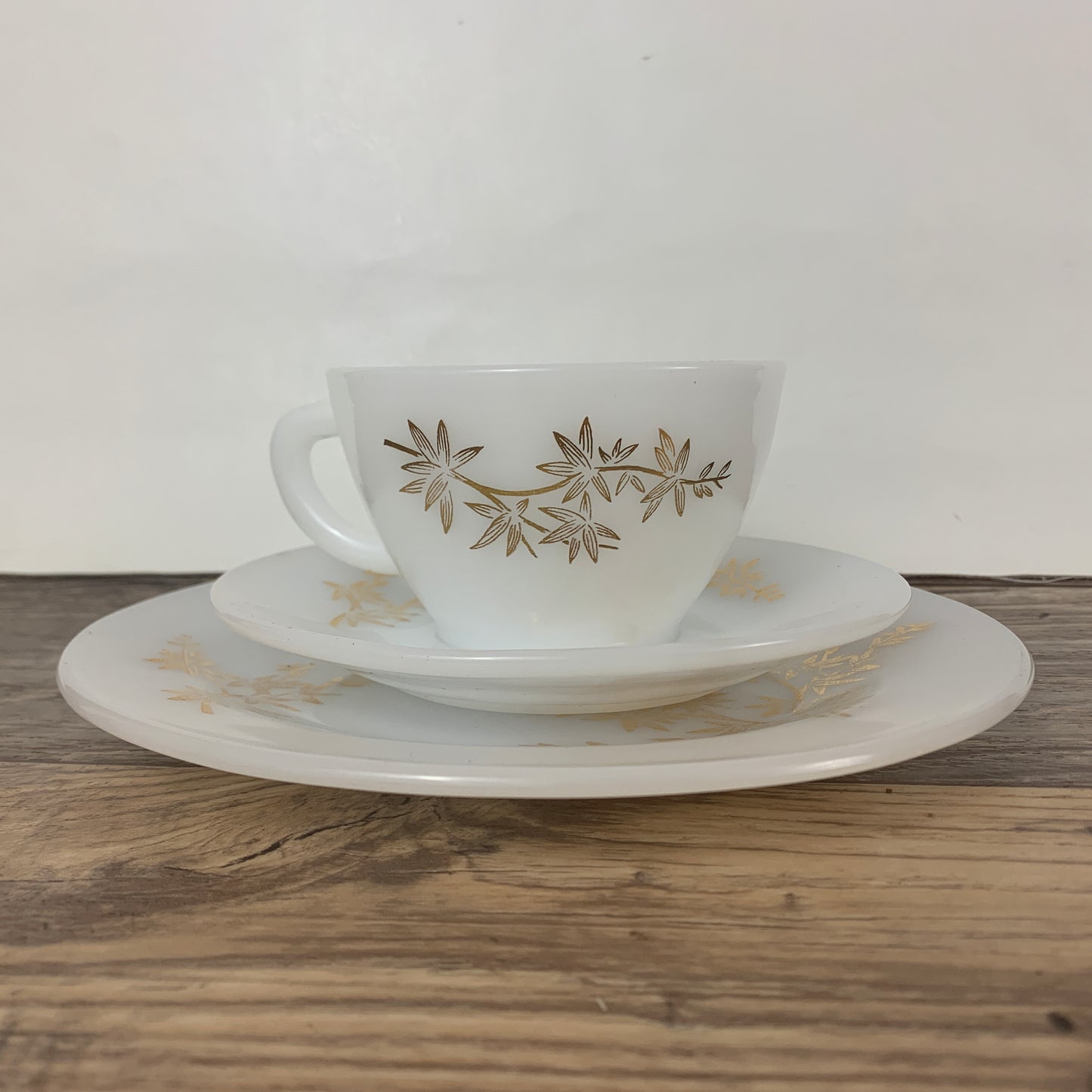 Vintage Federal Glass Golden Glory Milk Glass Teacup, Saucer, and Snack Plate, 3 piece Trio