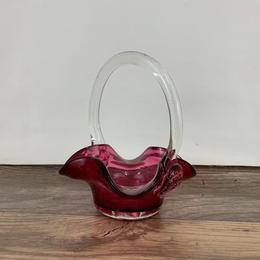 Vintage Cranberry Glass Basket with Clear Handle