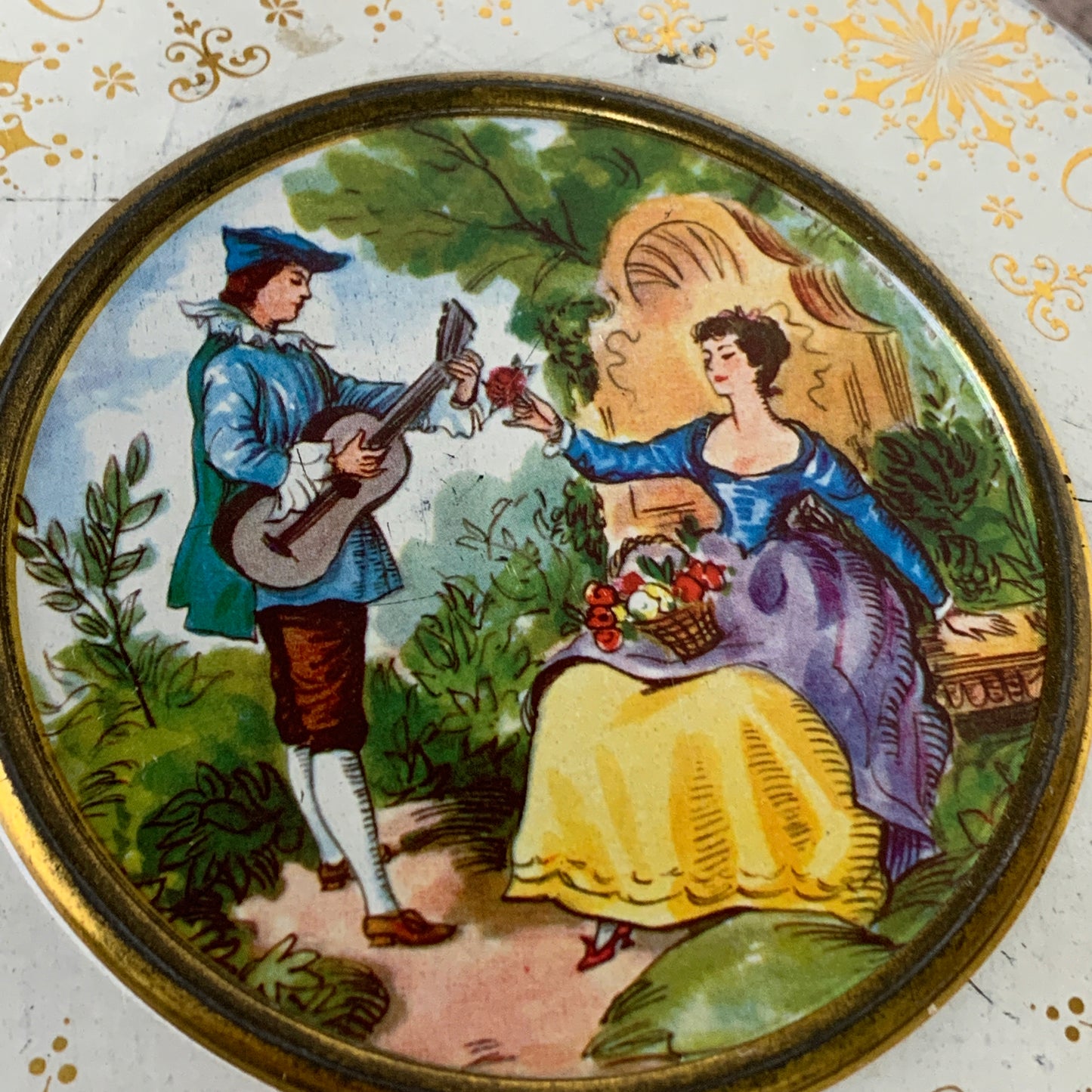 Vintage Cookie Tin White with Gold Design and Vintage Love Story Scene