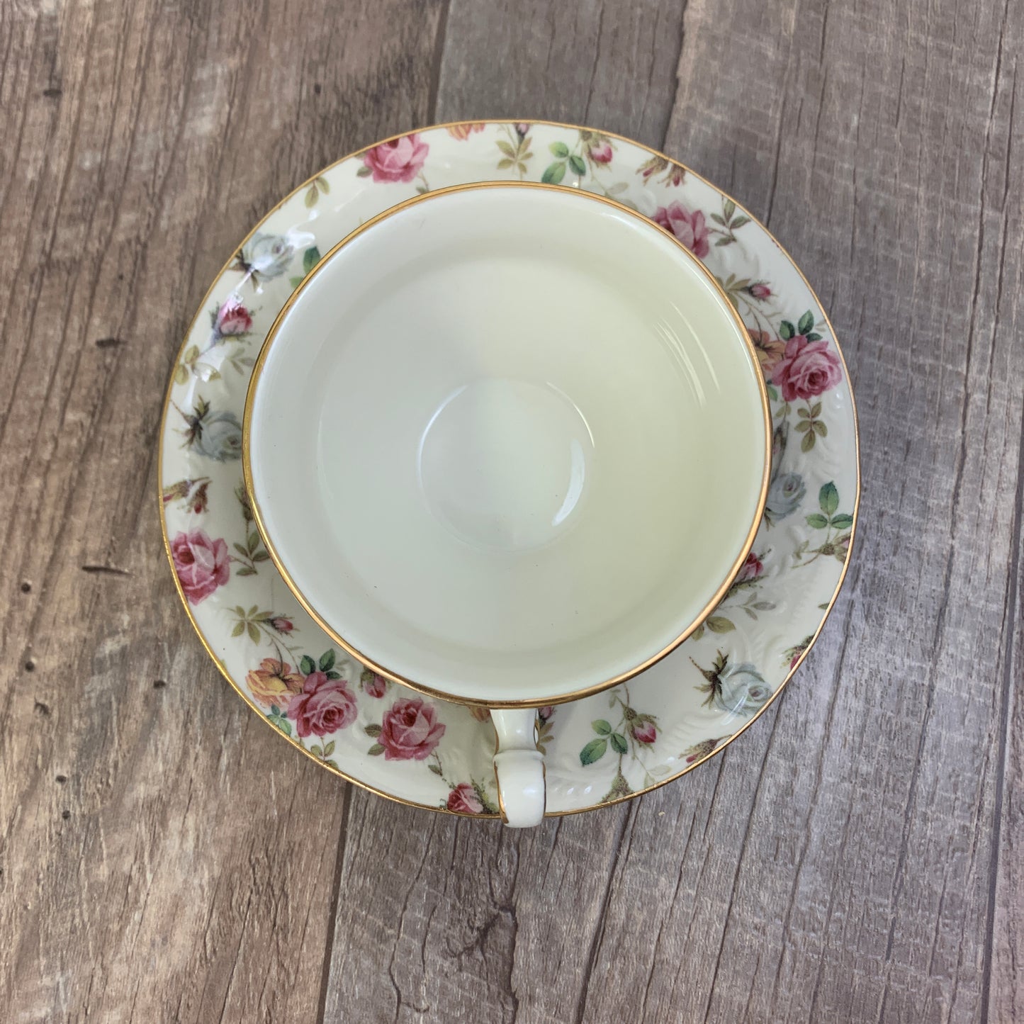 Victorian Trading Co Wide Mouth Teacup and Saucer Rose Chintz Pattern