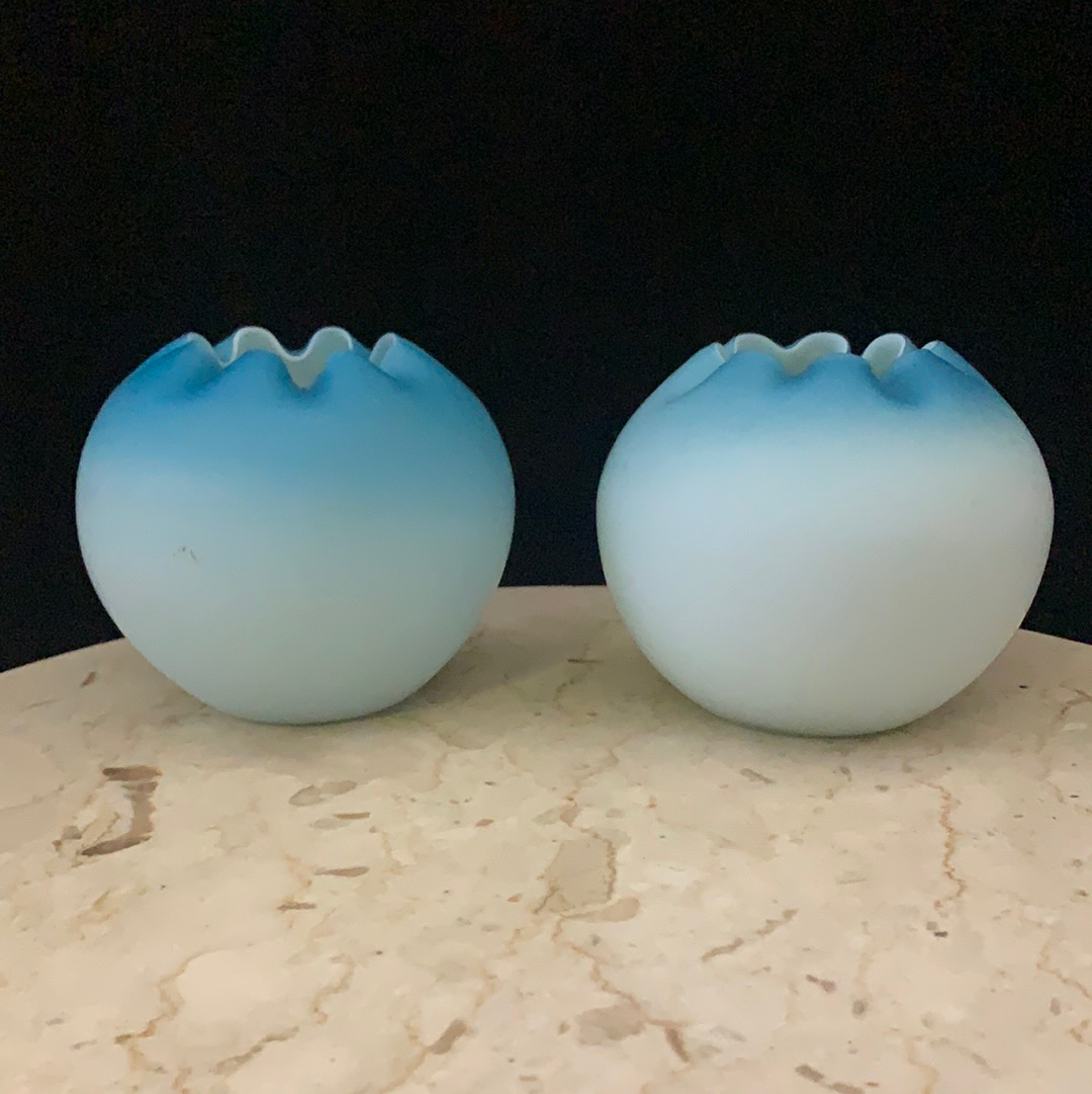 Pair of Antique Blown Glass Rose Bowls Blue Cased Satin Glass